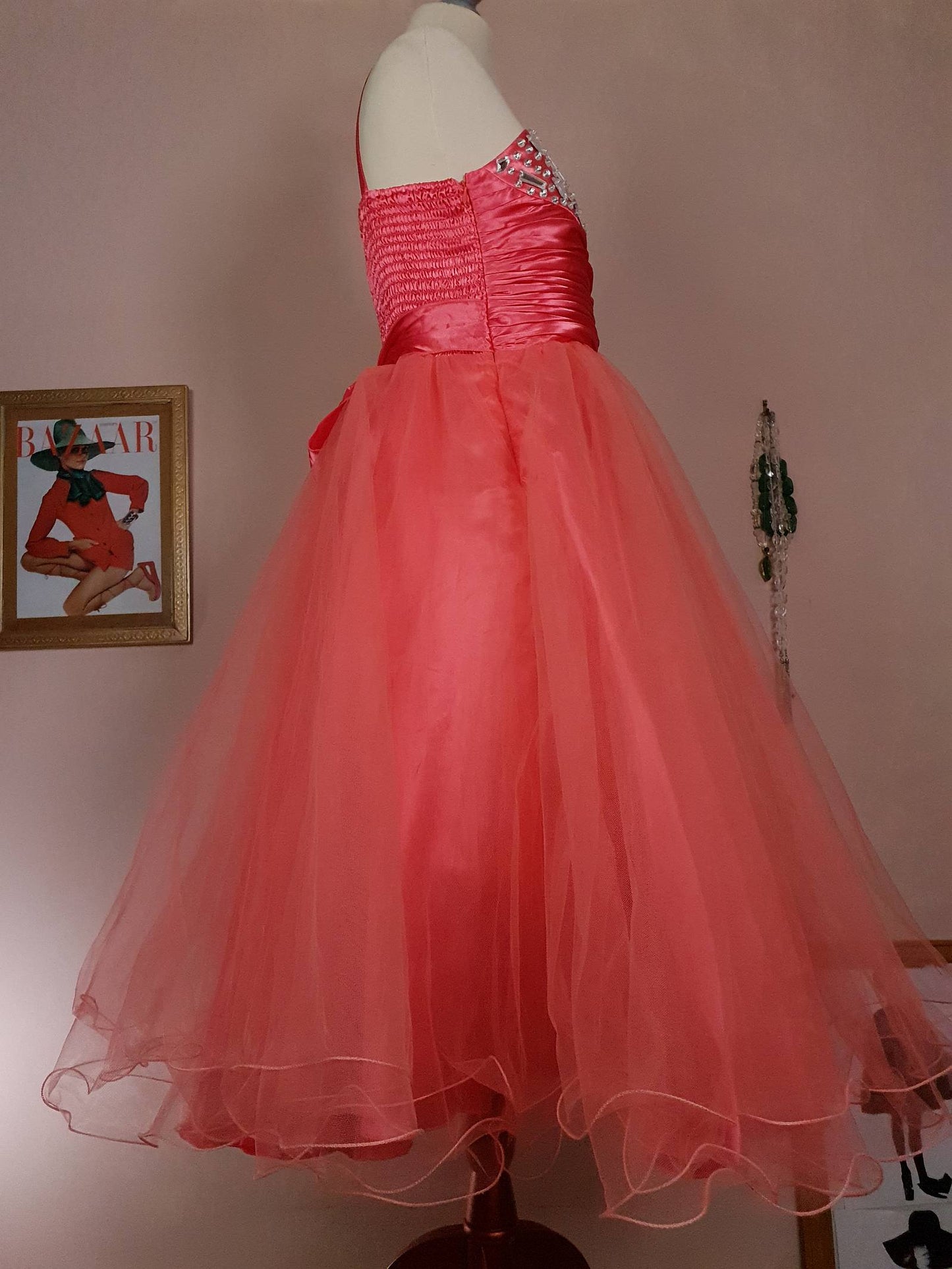 Vintage Peach Satin & Tulle Party Dress Ball Gown Y2K Prom Fit & Flare Size 8