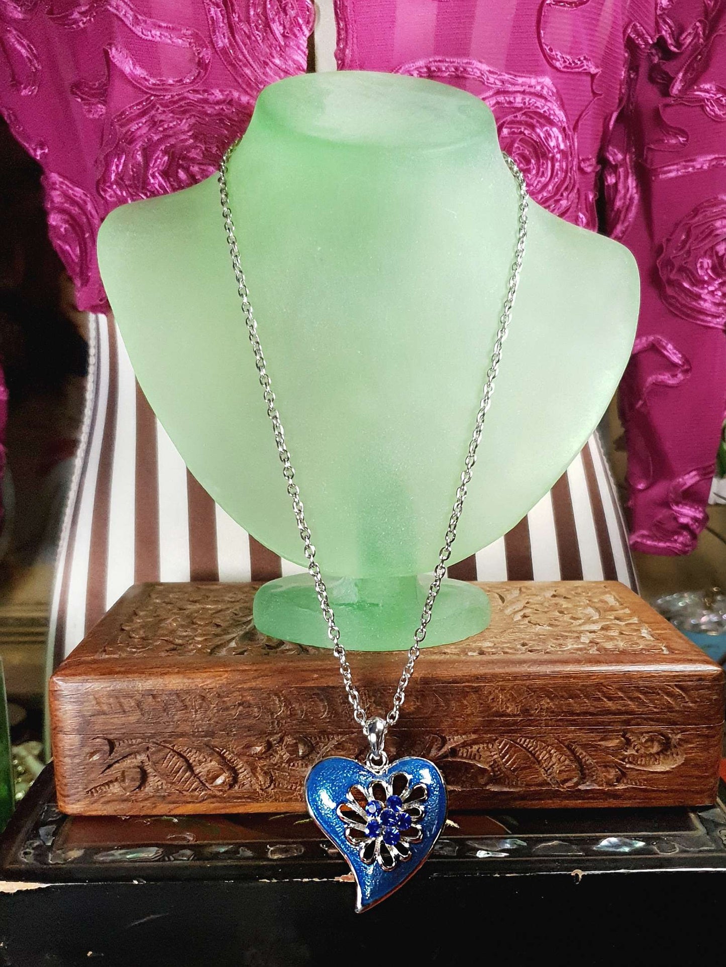Vintage Blue Enamel Heart Necklace Pendant Rhinestone Y2K
