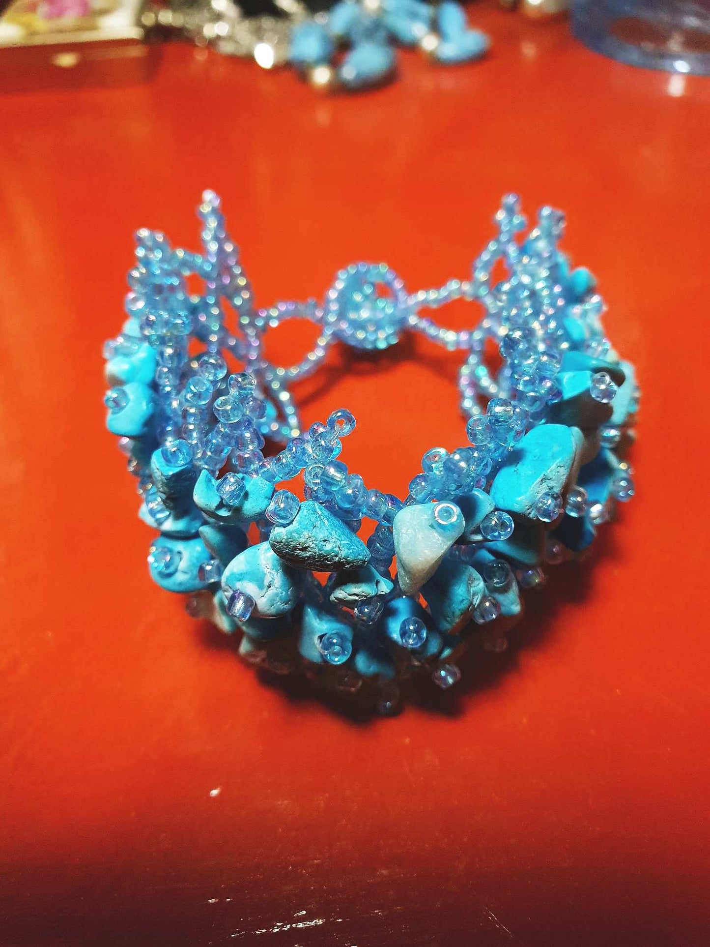 Vintage Blue Stone Beaded Boho Bracelet Aurora Borealis Artisan Turquoise AB
