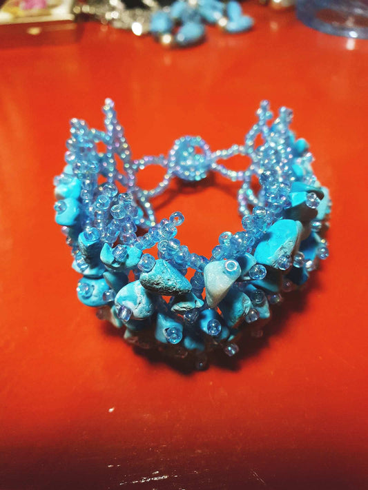 Vintage Blue Stone Beaded Boho Bracelet Aurora Borealis Artisan Turquoise AB