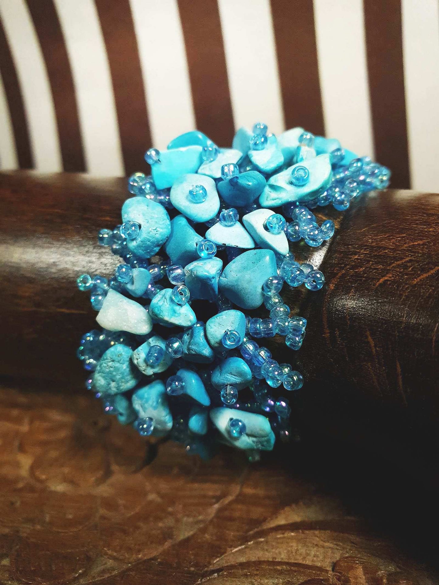 Vintage Blue Stone Beaded Boho Bracelet Aurora Borealis Artisan Turquoise AB