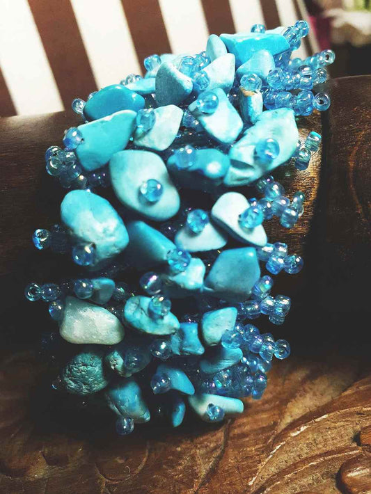 Vintage Blue Stone Beaded Boho Bracelet Aurora Borealis Artisan Turquoise AB