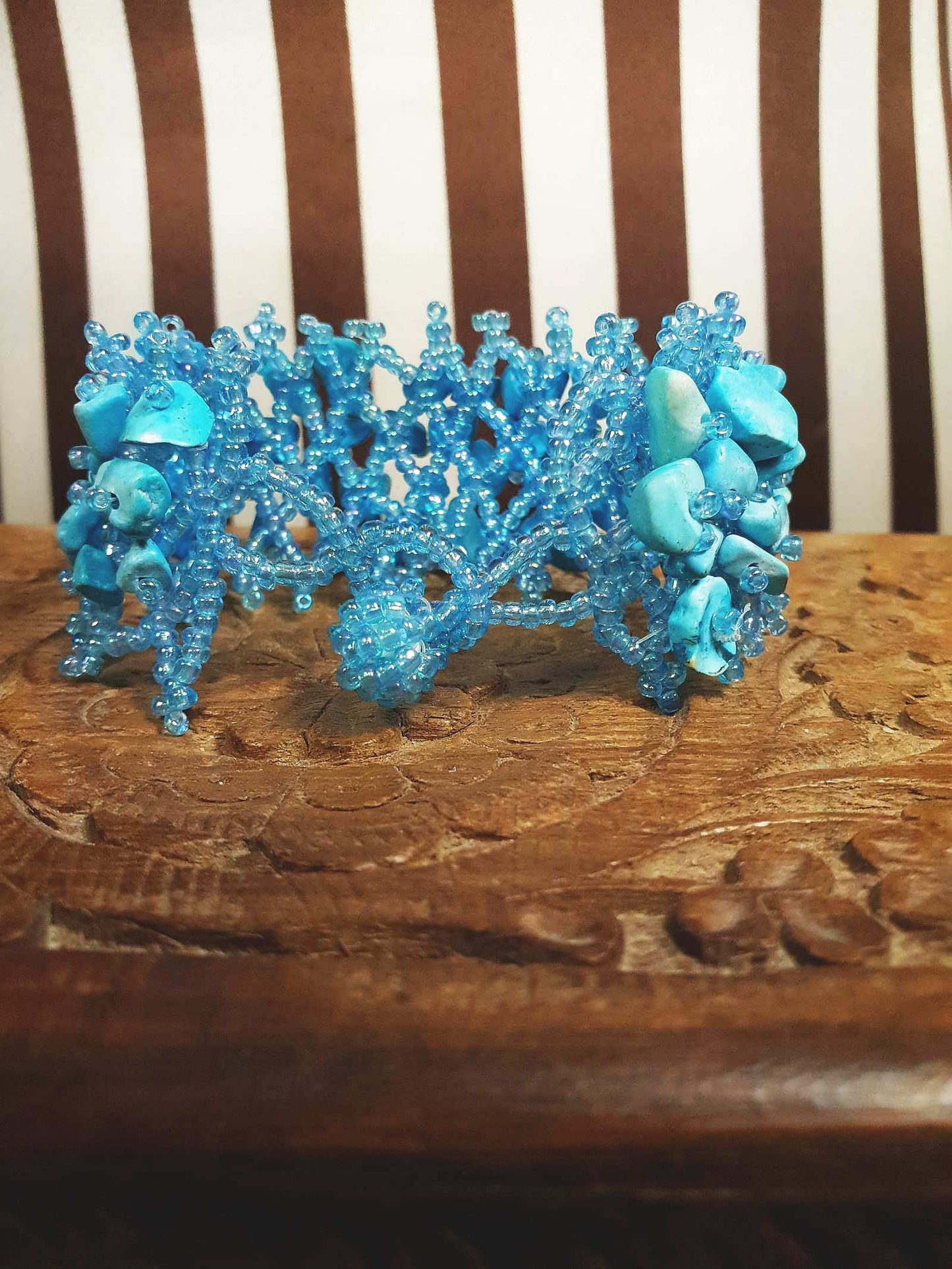 Vintage Blue Stone Beaded Boho Bracelet Aurora Borealis Artisan Turquoise AB
