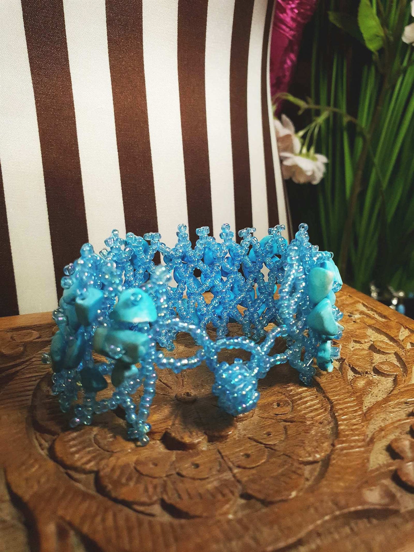 Vintage Blue Stone Beaded Boho Bracelet Aurora Borealis Artisan Turquoise AB
