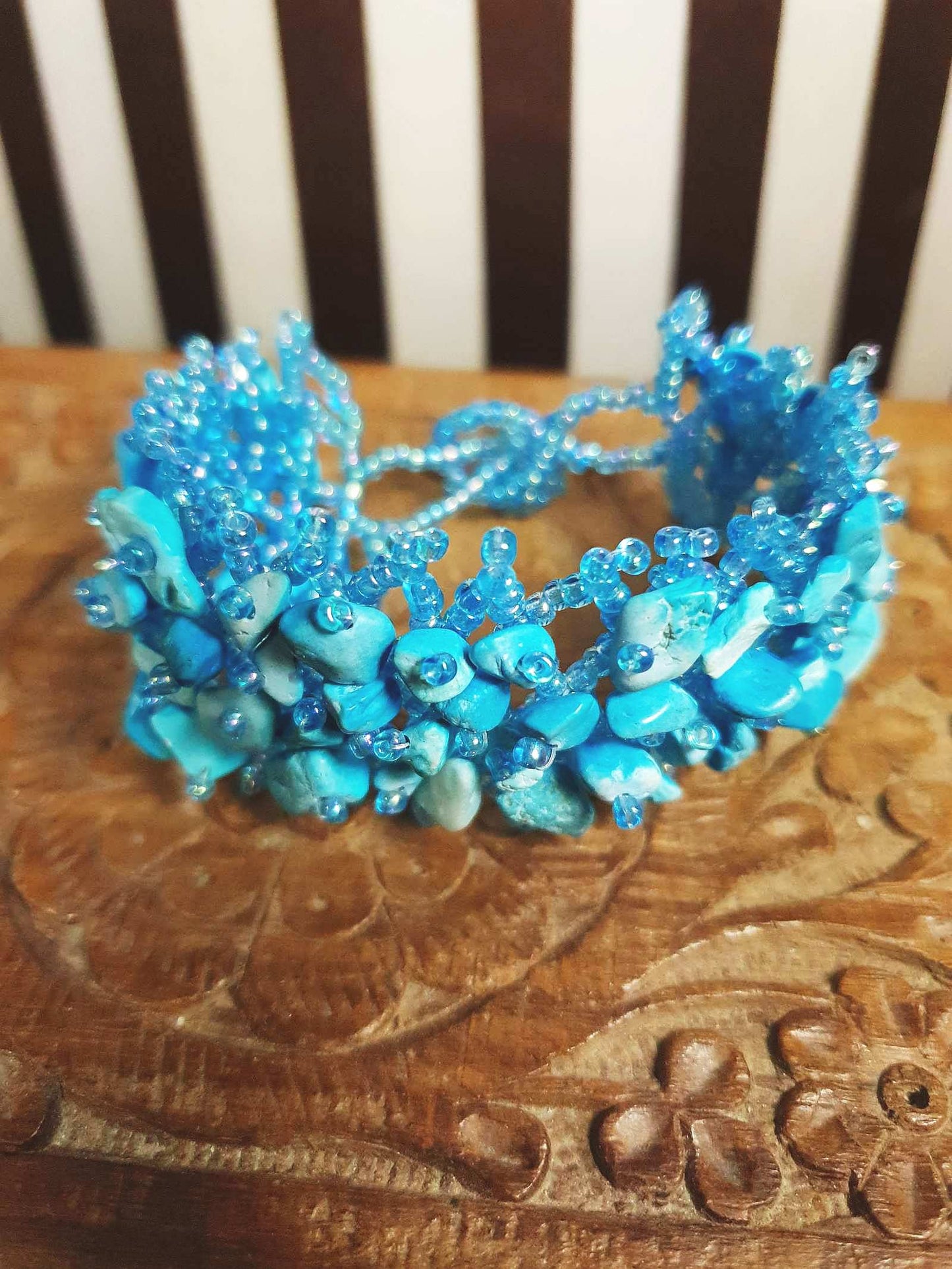 Vintage Blue Stone Beaded Boho Bracelet Aurora Borealis Artisan Turquoise AB