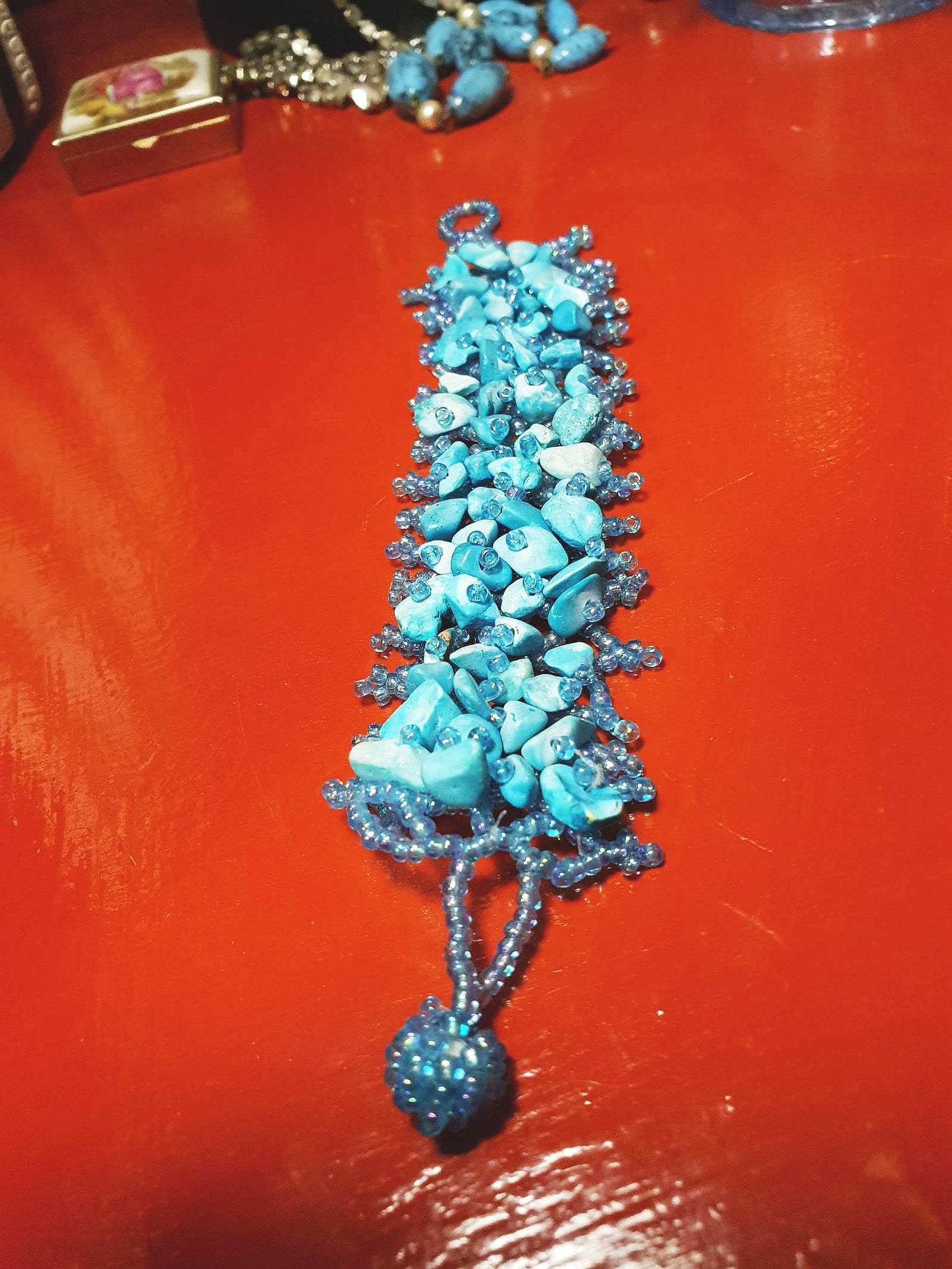 Vintage Blue Stone Beaded Boho Bracelet Aurora Borealis Artisan Turquoise AB