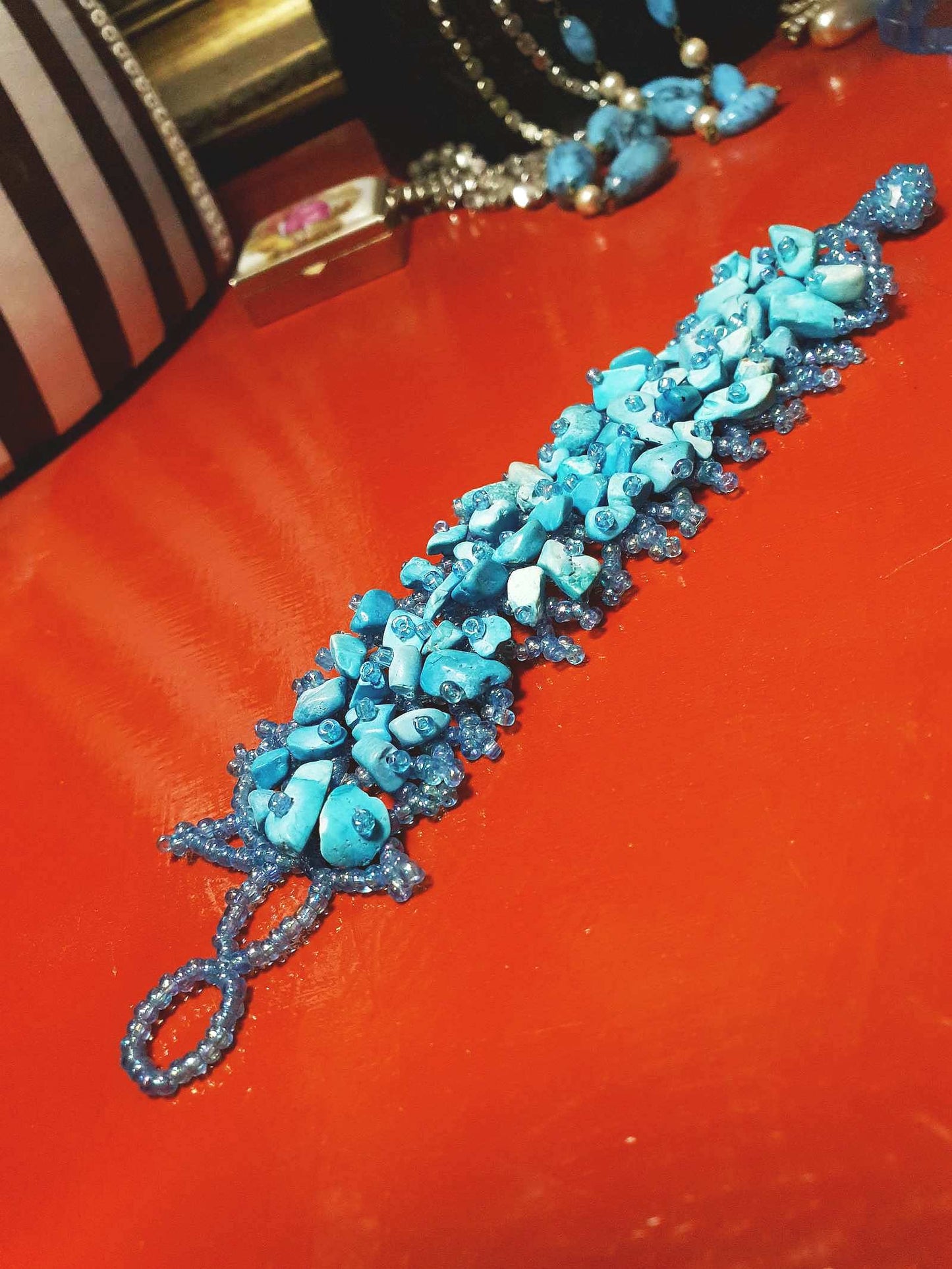 Vintage Blue Stone Beaded Boho Bracelet Aurora Borealis Artisan Turquoise AB