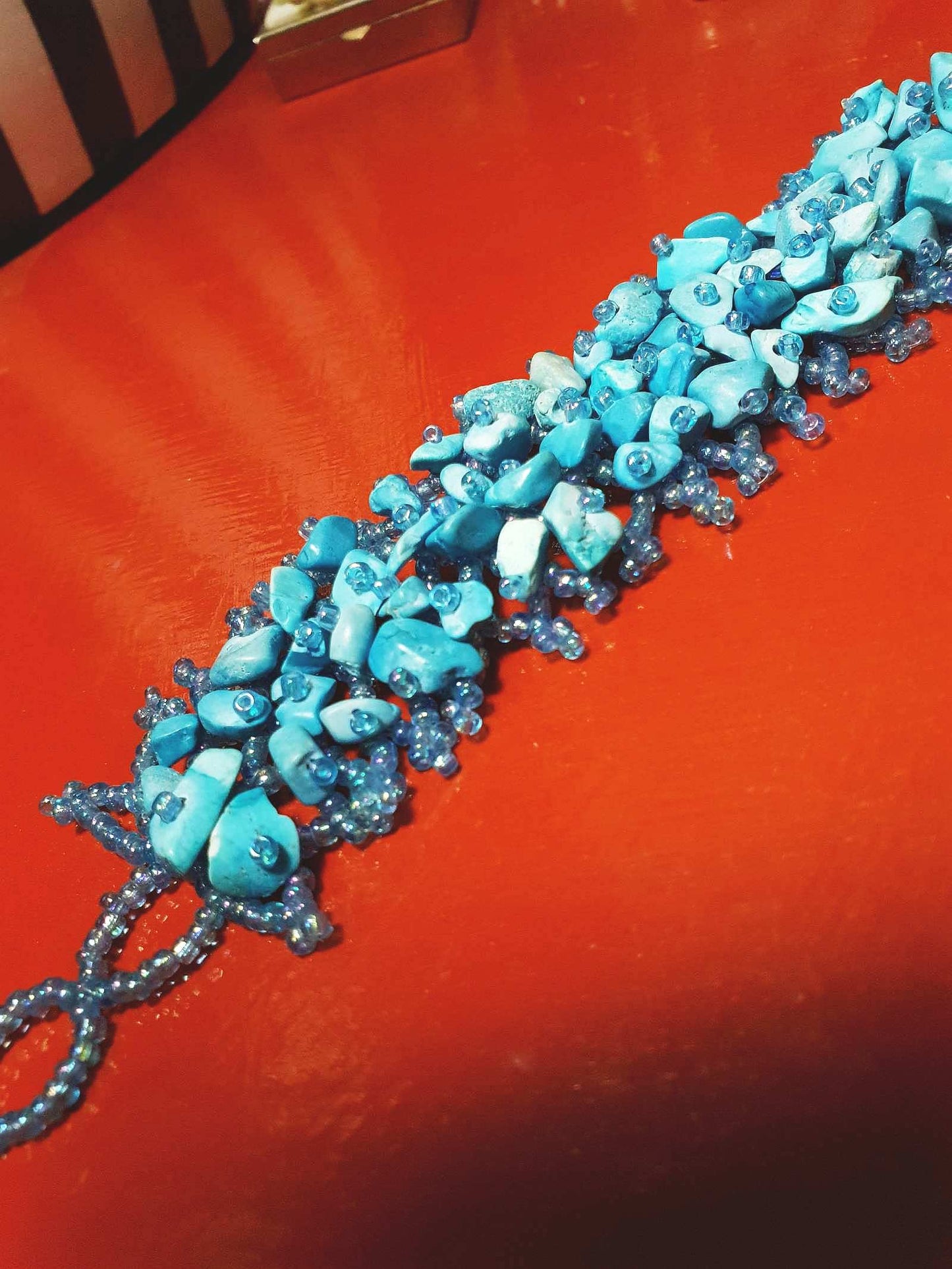 Vintage Blue Stone Beaded Boho Bracelet Aurora Borealis Artisan Turquoise AB