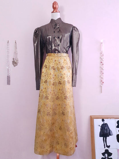 Vintage Glamorous 1980s Gold Satin Brocade Maxi Skirt - Size 10