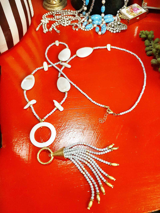 Vintage White Baroque Pearl Necklace Pendant Mother of Pearl Pale Blue Bead MOP