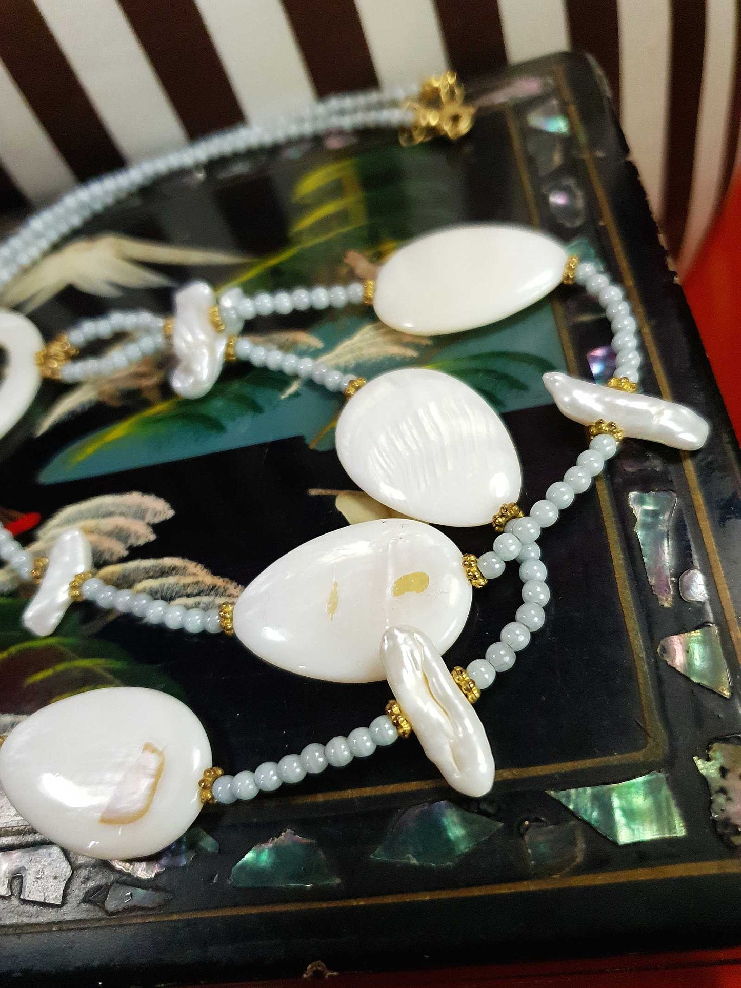 Vintage White Baroque Pearl Necklace Pendant Mother of Pearl Pale Blue Bead MOP