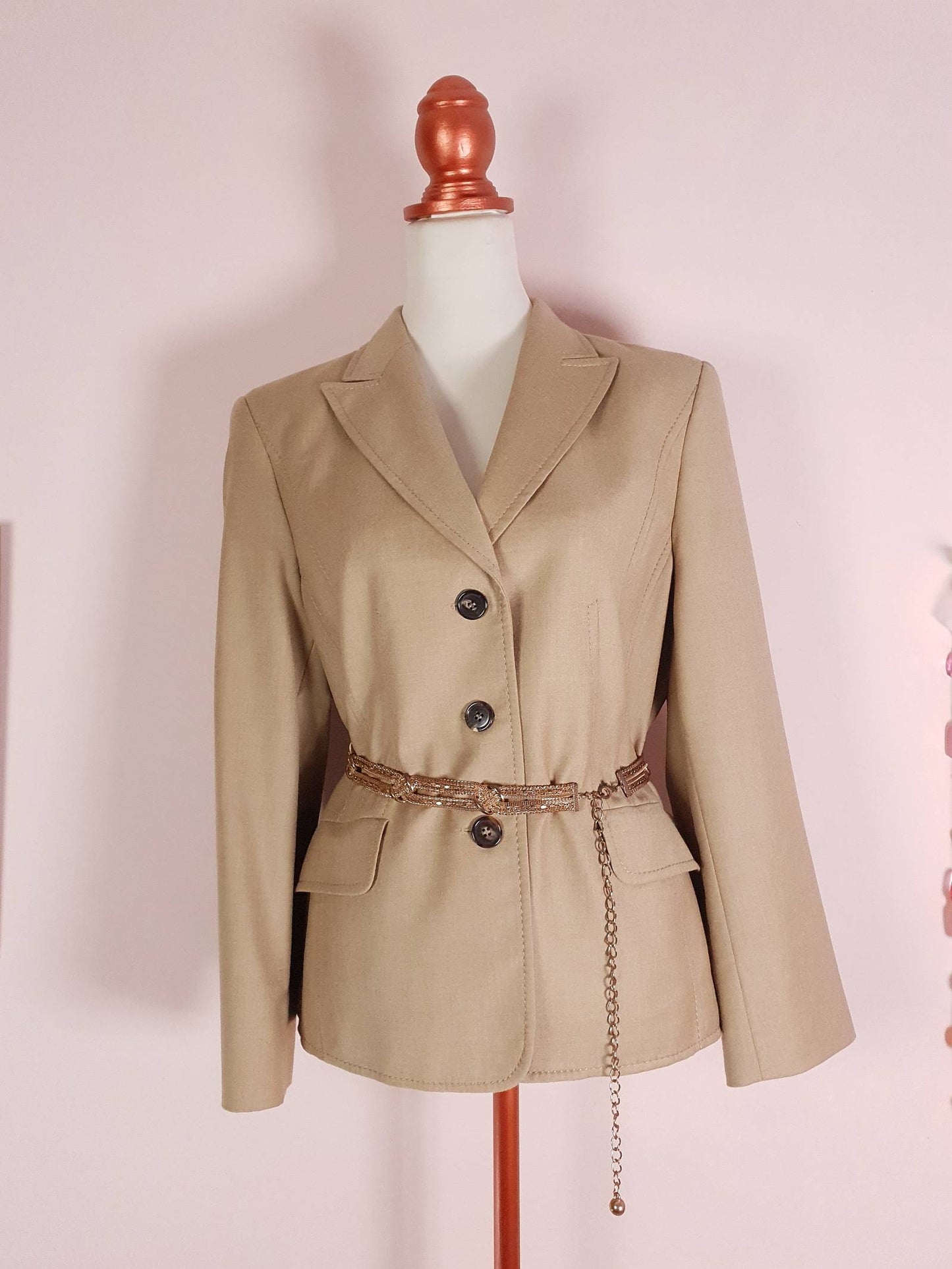 Vintage Virgin Wool Italian Jacket Blazer 1980s Size 12/14 Ladies Beige Camel