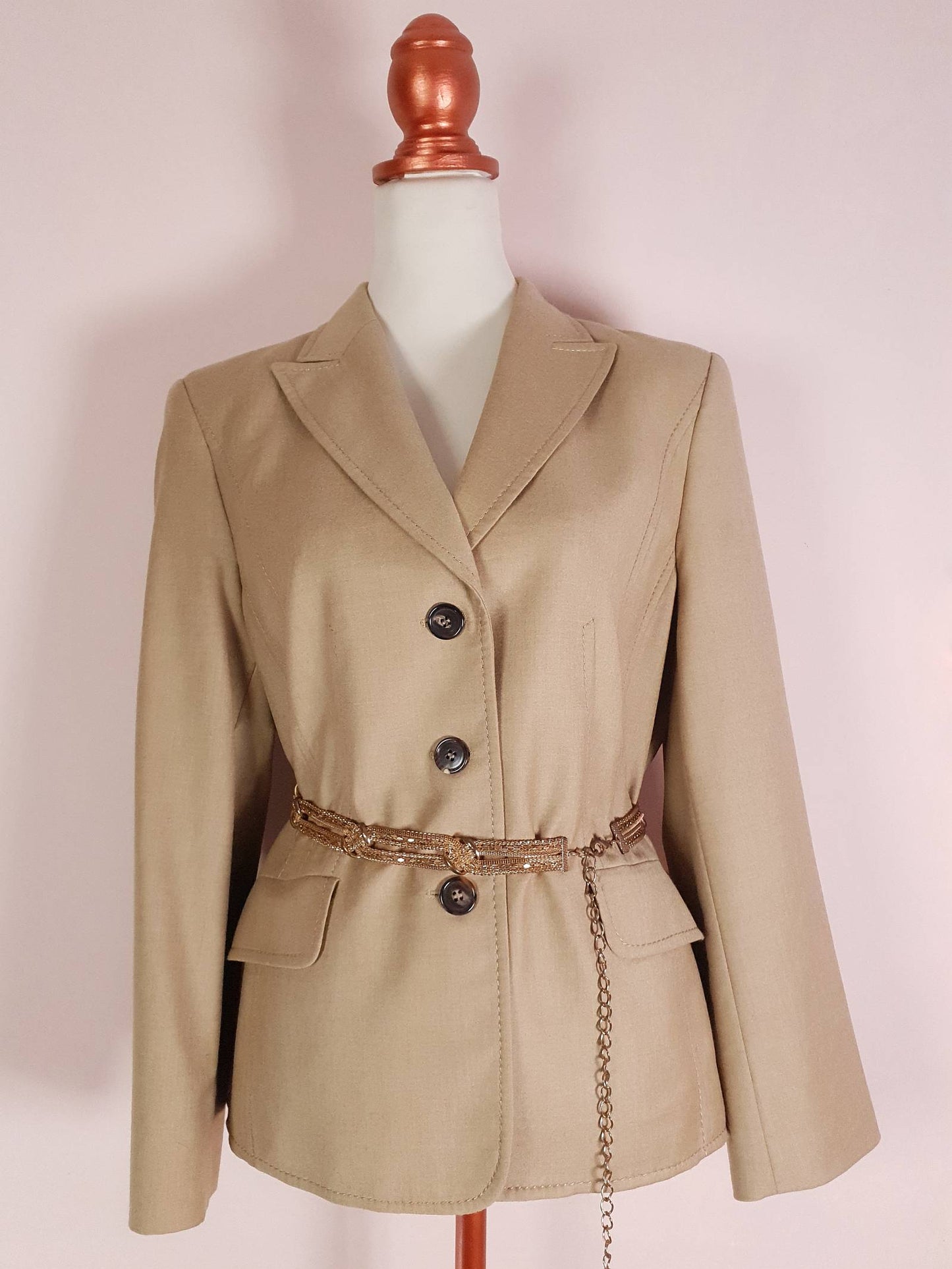 Vintage Virgin Wool Italian Jacket Blazer 1980s Size 12/14 Ladies Beige Camel