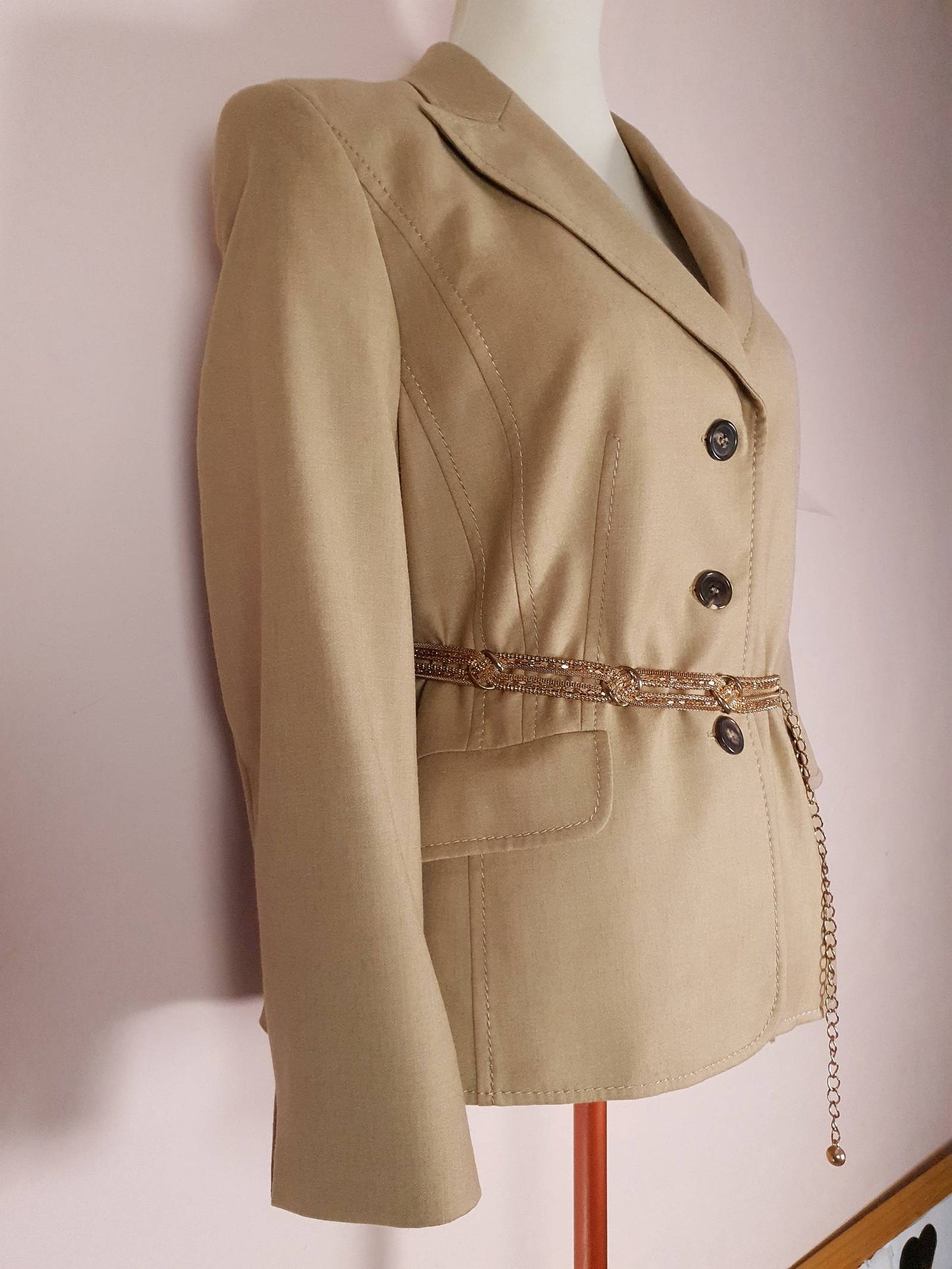 Vintage Virgin Wool Italian Jacket Blazer 1980s Size 12/14 Ladies Beige Camel