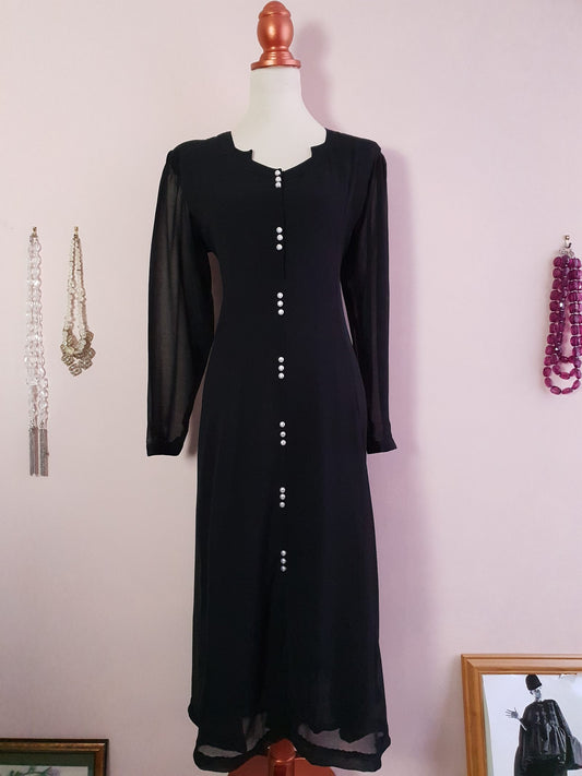 Vintage Black Chiffon Maxi Dress 1980s- Size 18/20 Pearls