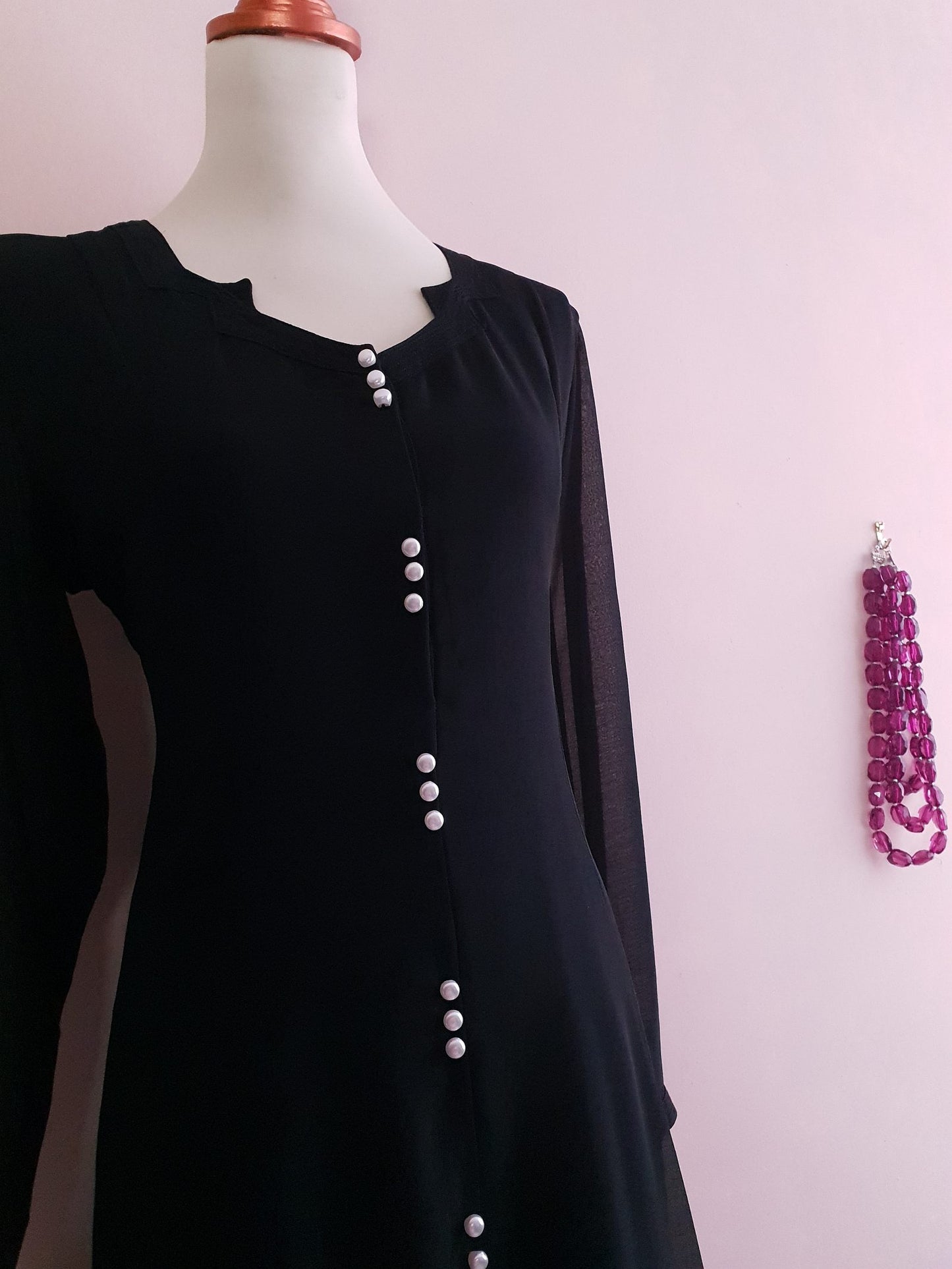 Vintage Black Chiffon Maxi Dress 1980s- Size 18/20 Pearls