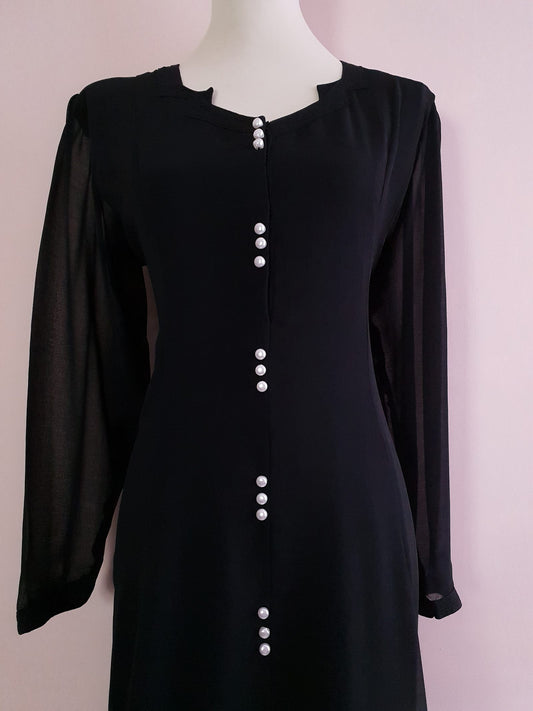 Vintage Black Chiffon Maxi Dress 1980s- Size 18/20 Pearls