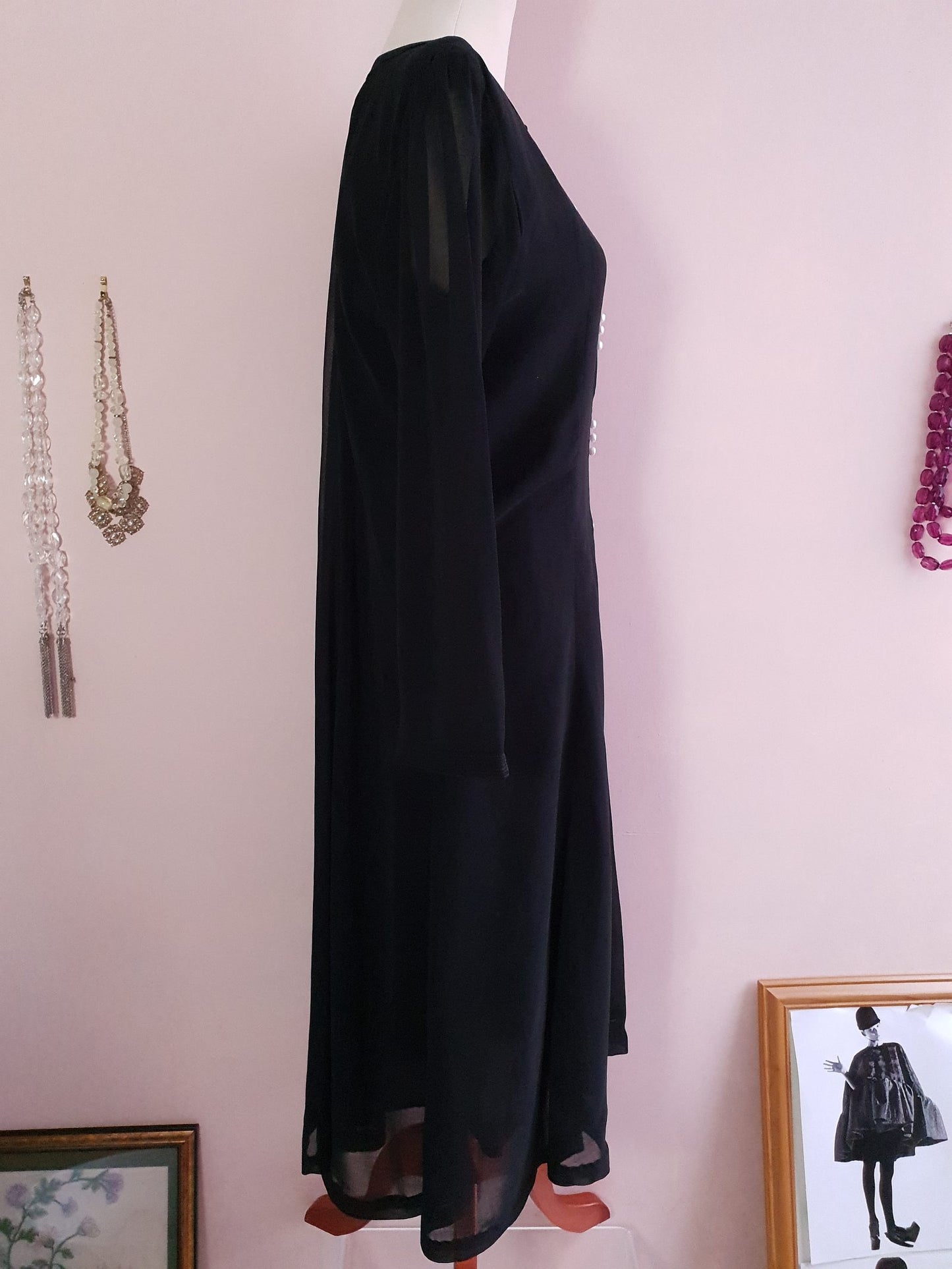 Vintage Black Chiffon Maxi Dress 1980s- Size 18/20 Pearls
