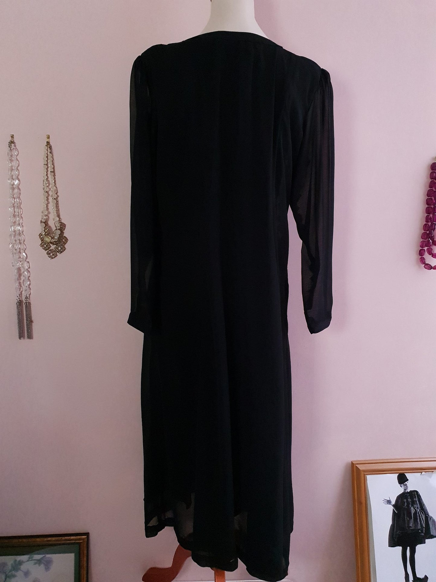 Vintage Black Chiffon Maxi Dress 1980s- Size 18/20 Pearls