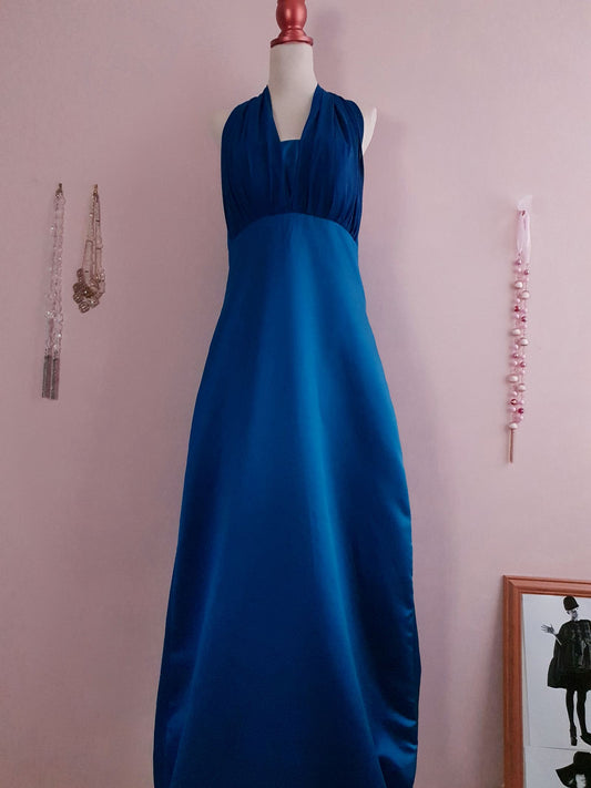 Vintage 1980s Blue Satin Maxi Dress - Size 12/14 Evening Gown