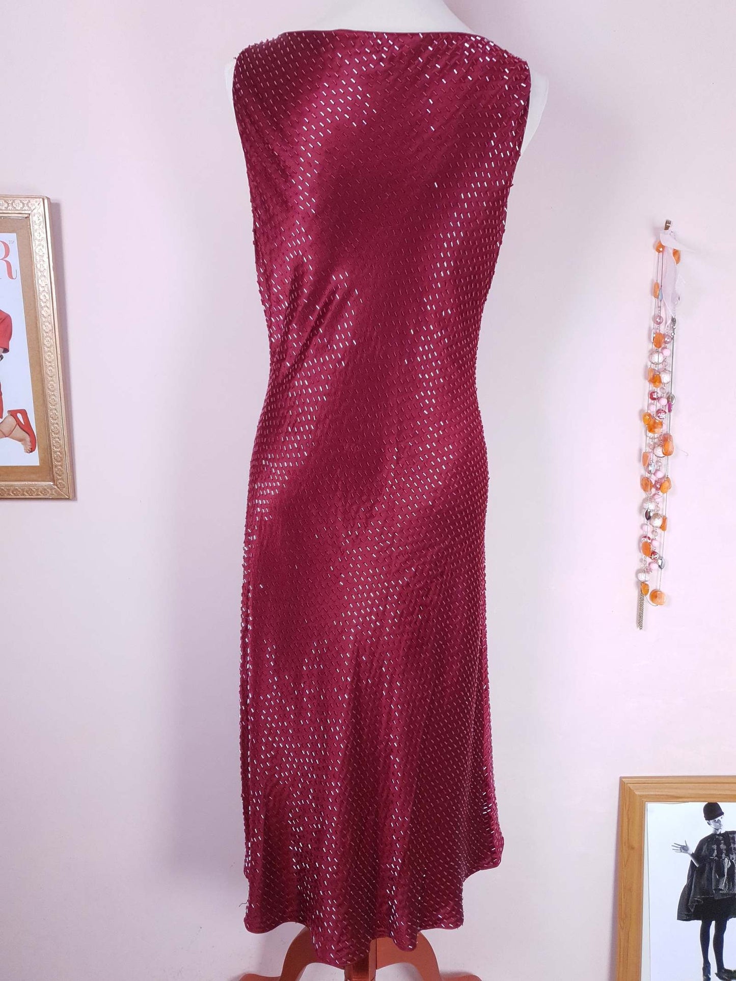 Stunning Vintage 1990s Burgundy Red Silk Beaded Shift Dress - Size 12