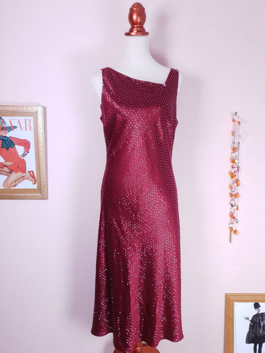 Stunning Vintage 1990s Burgundy Red Silk Beaded Shift Dress - Size 12