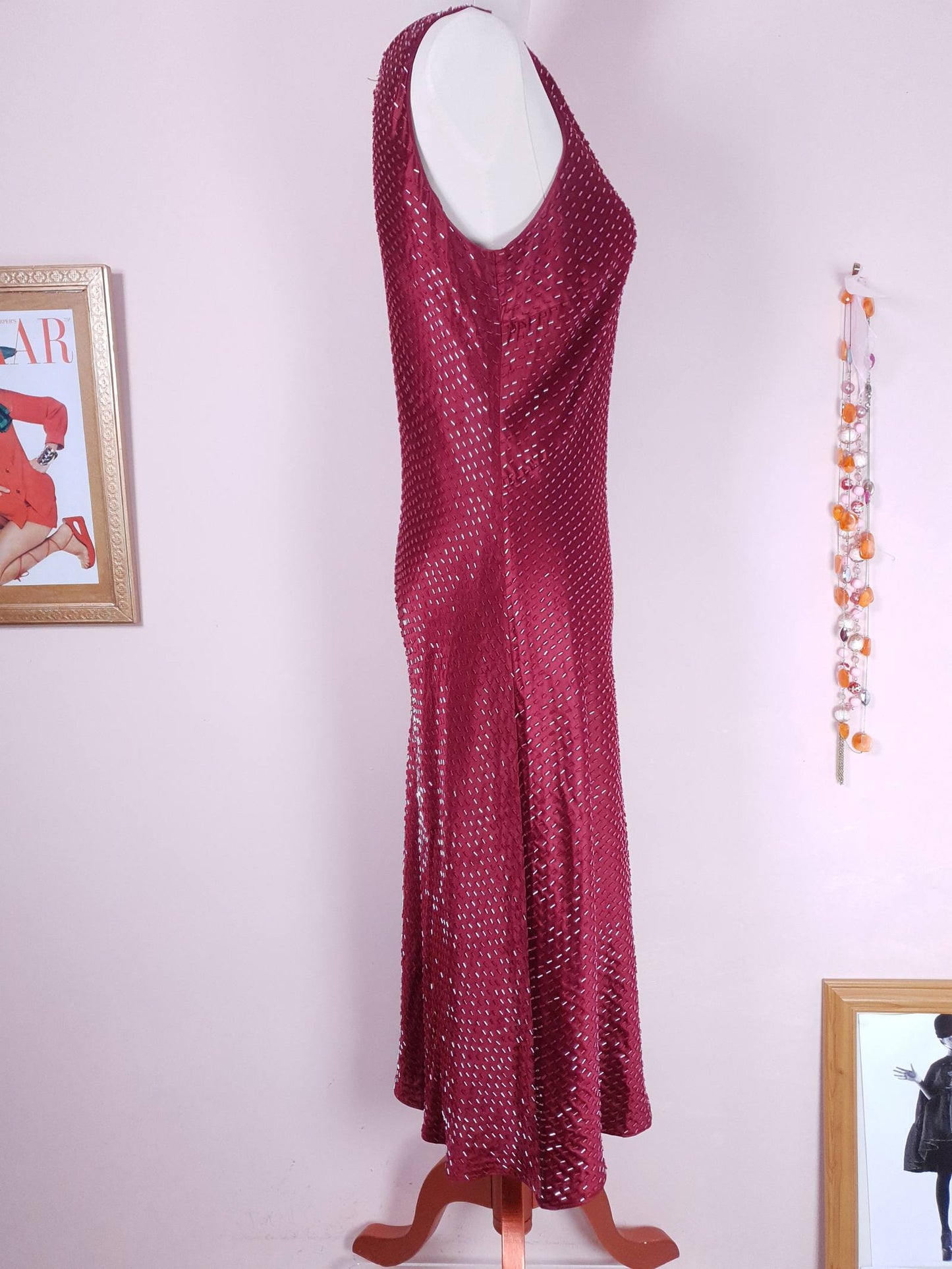 Stunning Vintage 1990s Burgundy Red Silk Beaded Shift Dress - Size 12