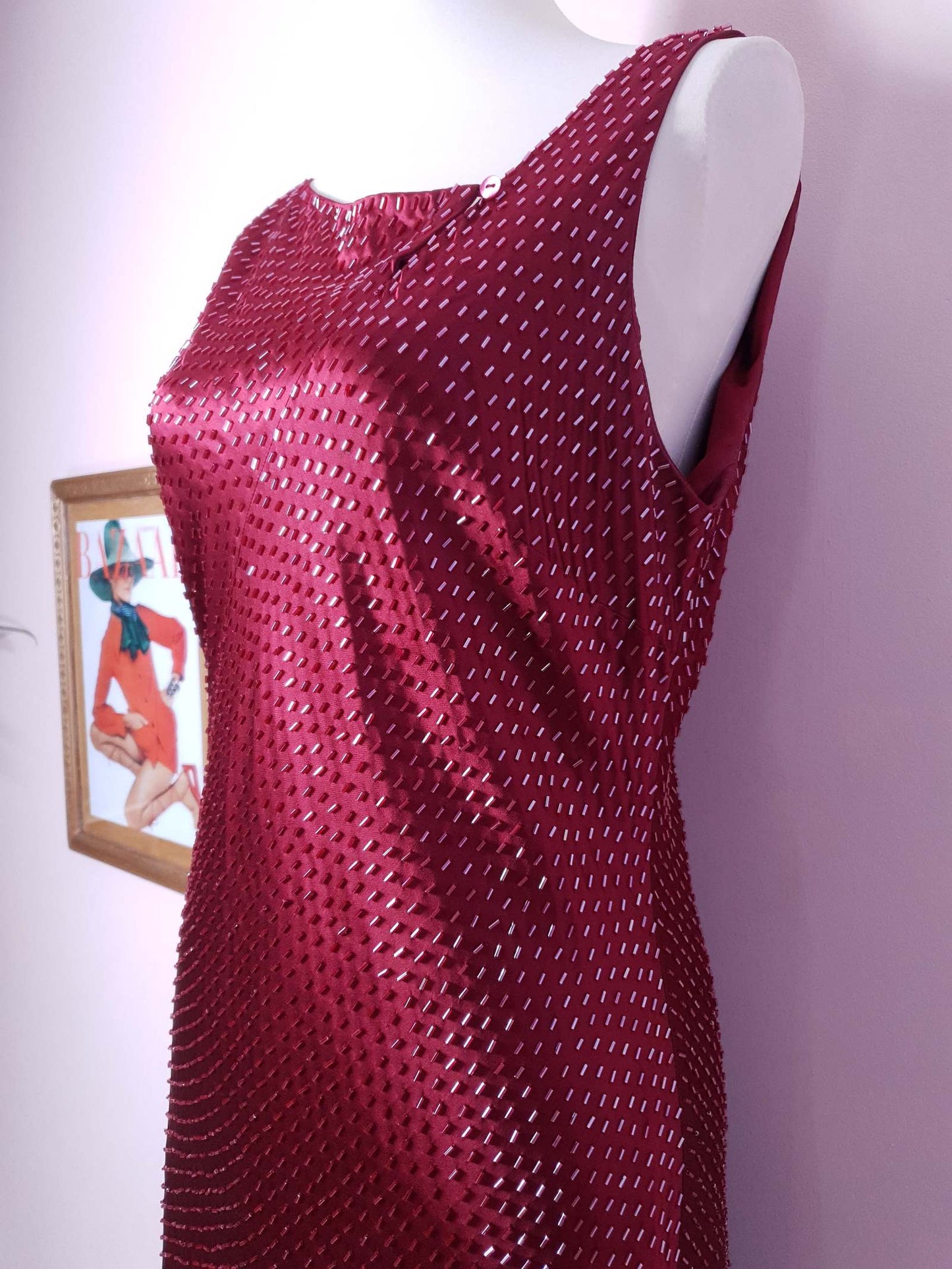 Stunning Vintage 1990s Burgundy Red Silk Beaded Shift Dress - Size 12