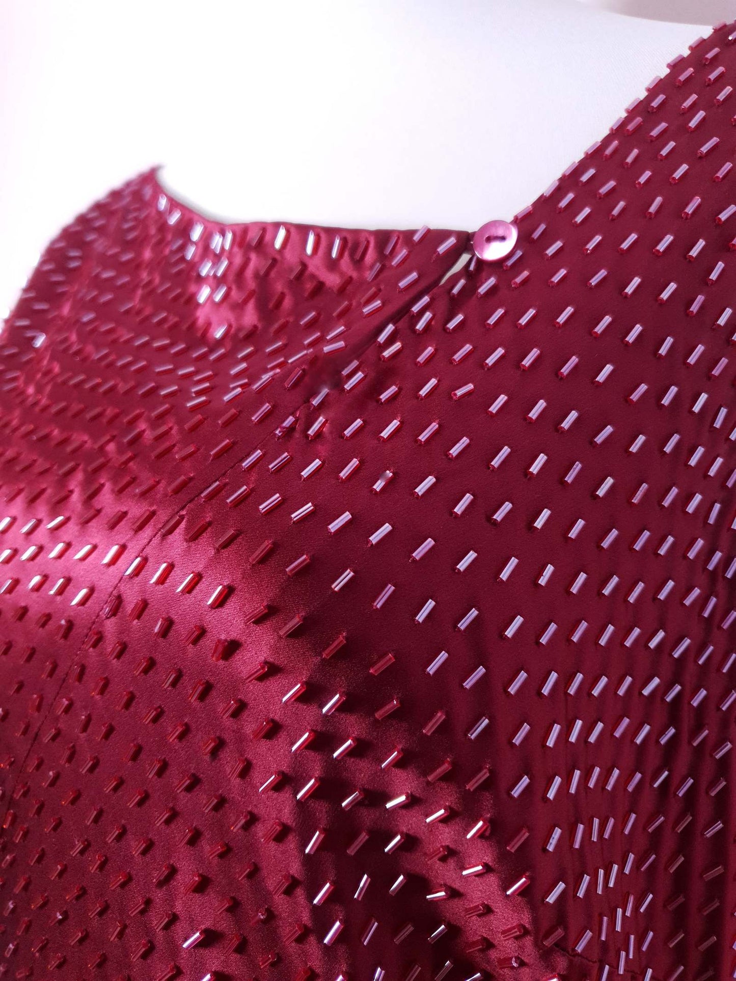 Stunning Vintage 1990s Burgundy Red Silk Beaded Shift Dress - Size 12