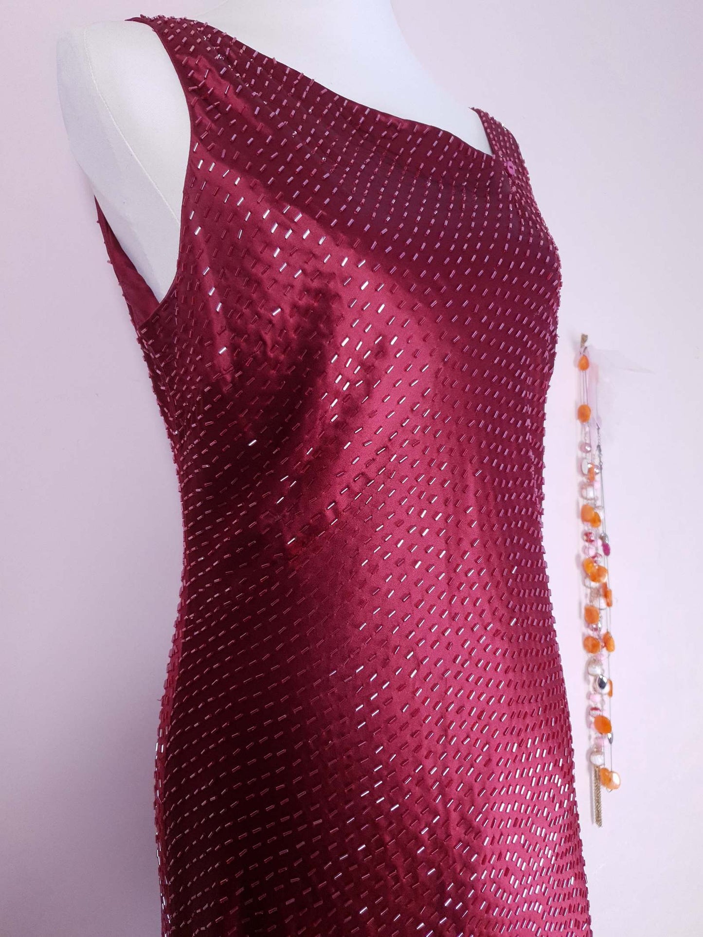 Stunning Vintage 1990s Burgundy Red Silk Beaded Shift Dress - Size 12