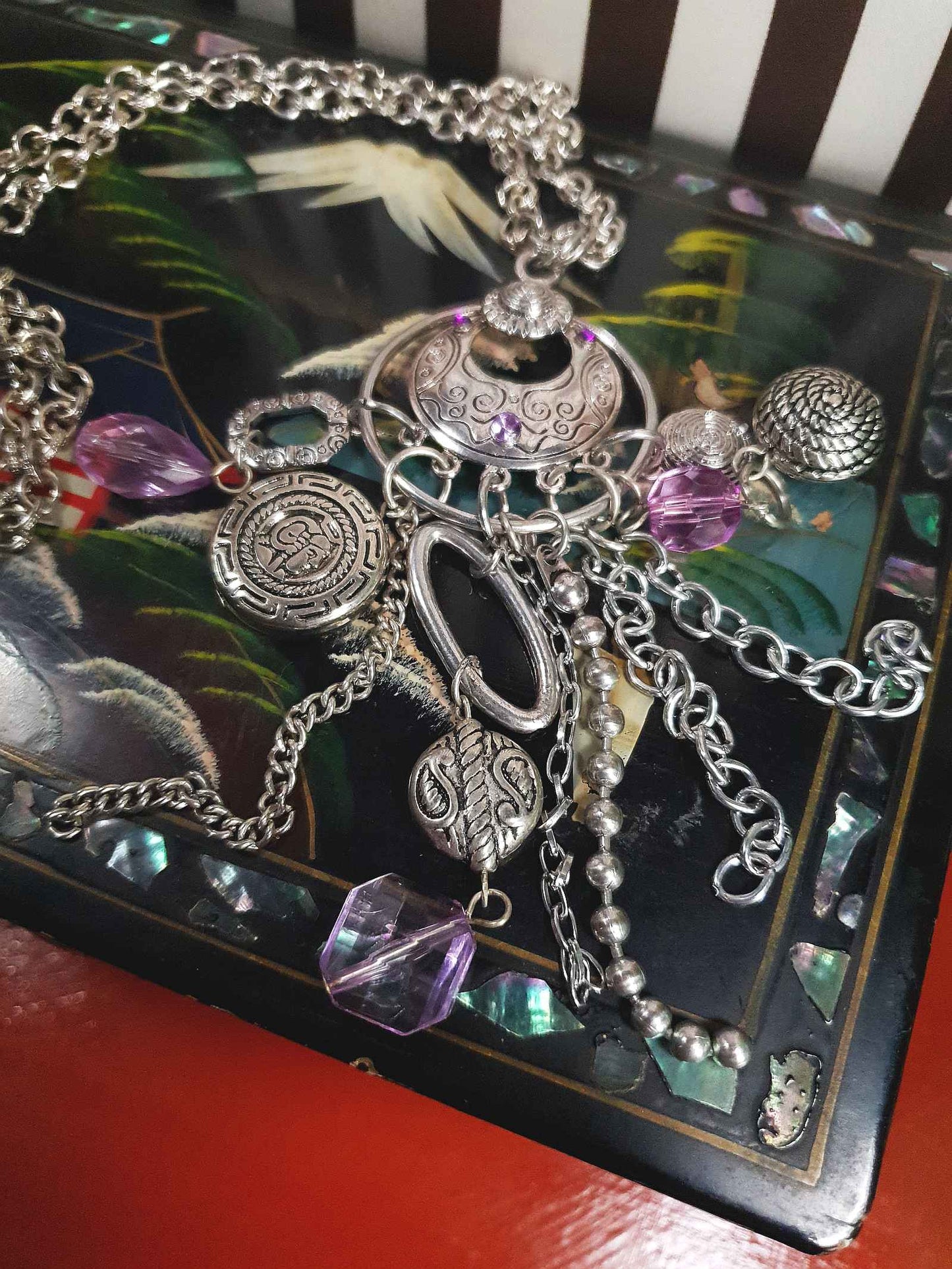 Vintage Boho Charm Pendant Necklace 27" Bohemian Purple