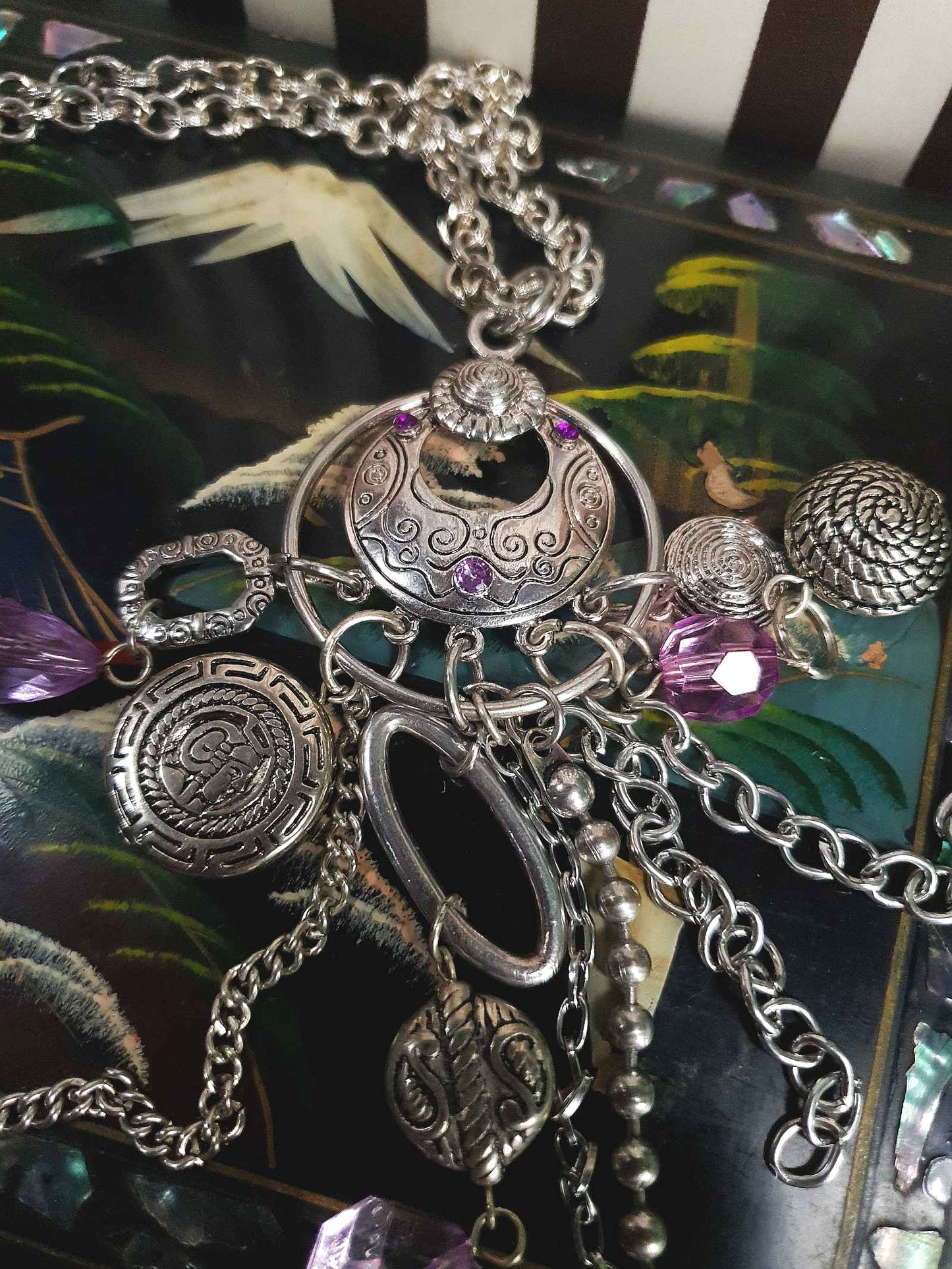 Vintage Boho Charm Pendant Necklace 27" Bohemian Purple