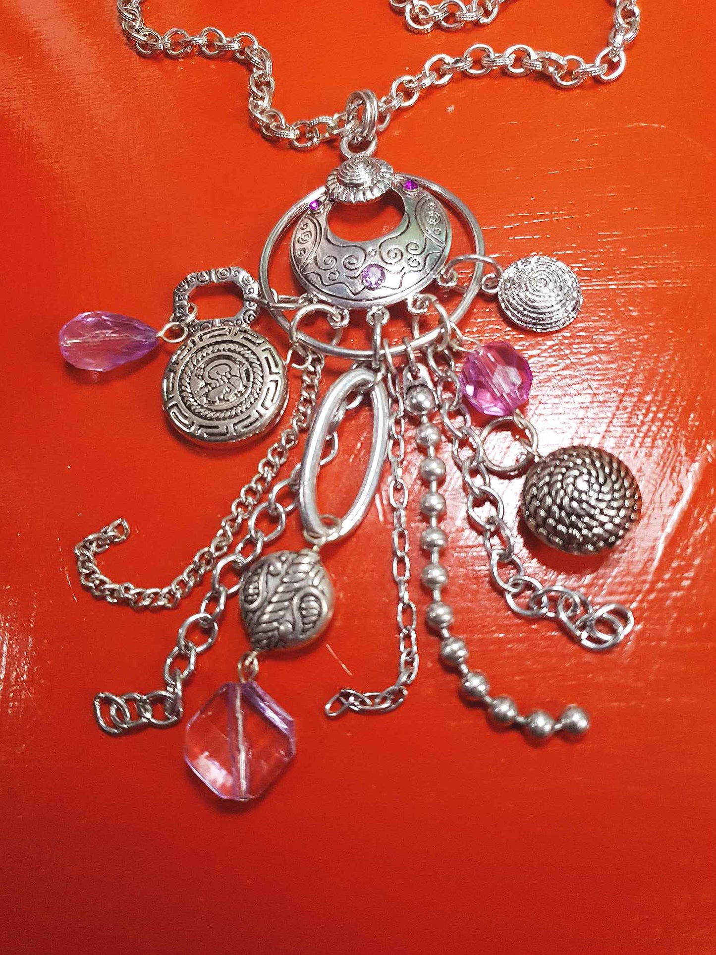 Vintage Boho Charm Pendant Necklace 27" Bohemian Purple