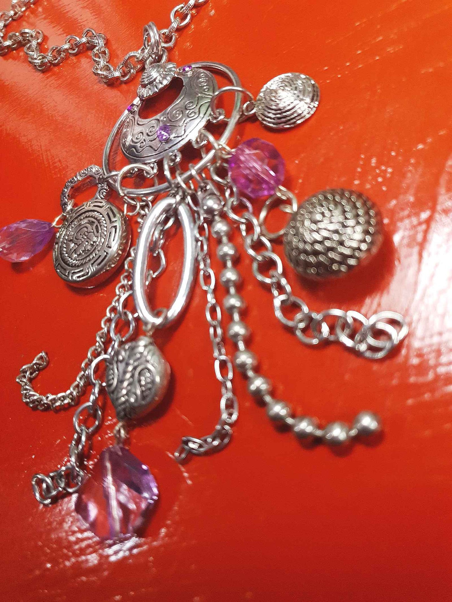 Vintage Boho Charm Pendant Necklace 27" Bohemian Purple