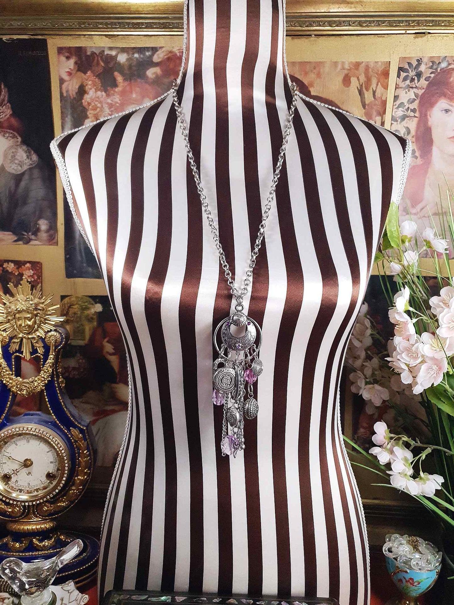 Vintage Boho Charm Pendant Necklace 27" Bohemian Purple