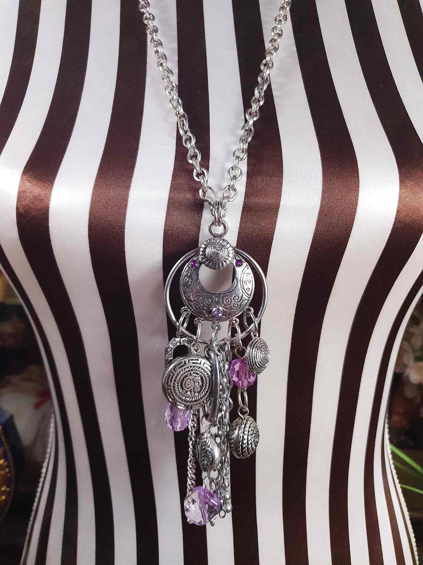 Vintage Boho Charm Pendant Necklace 27" Bohemian Purple