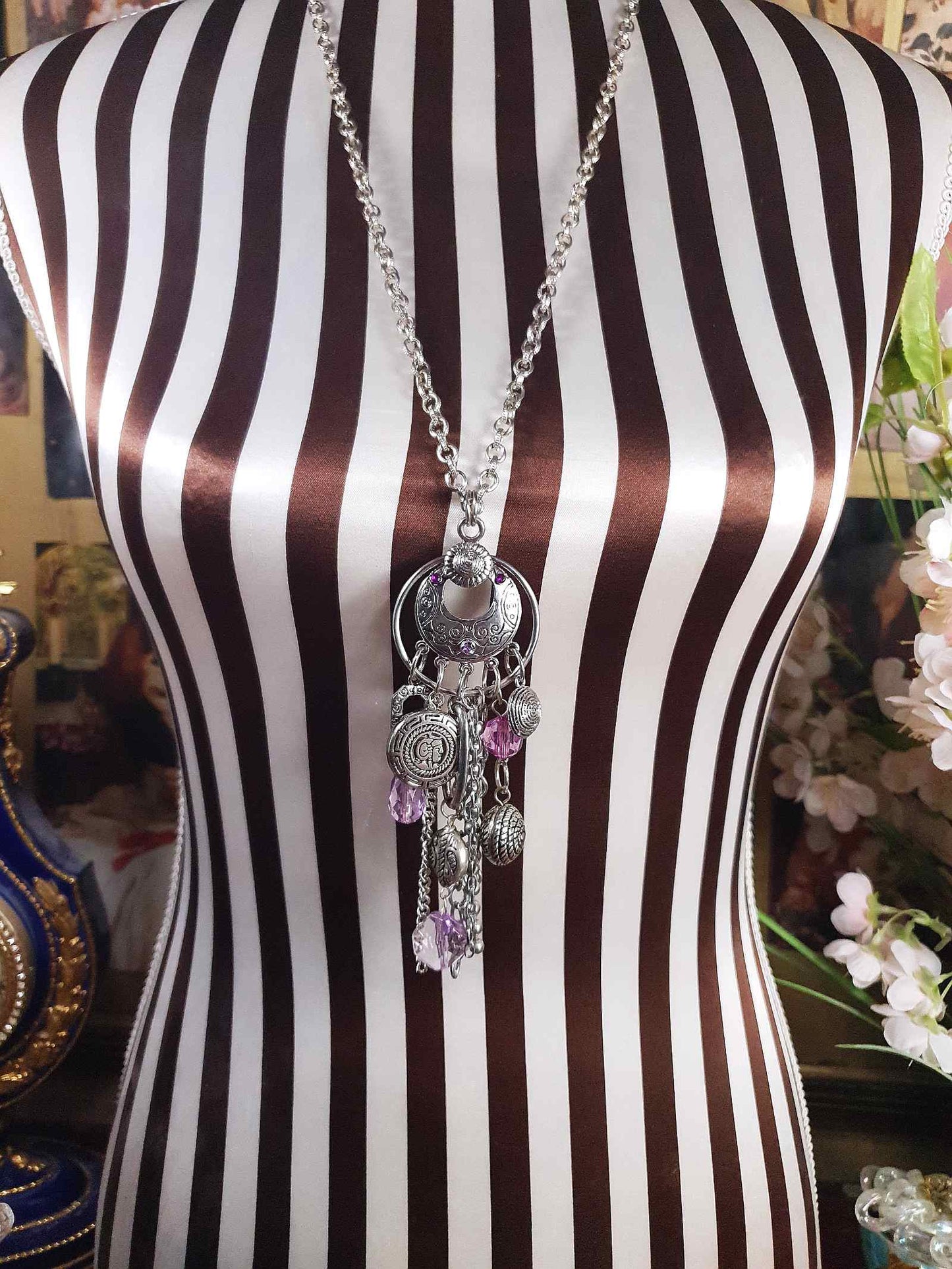 Vintage Boho Charm Pendant Necklace 27" Bohemian Purple