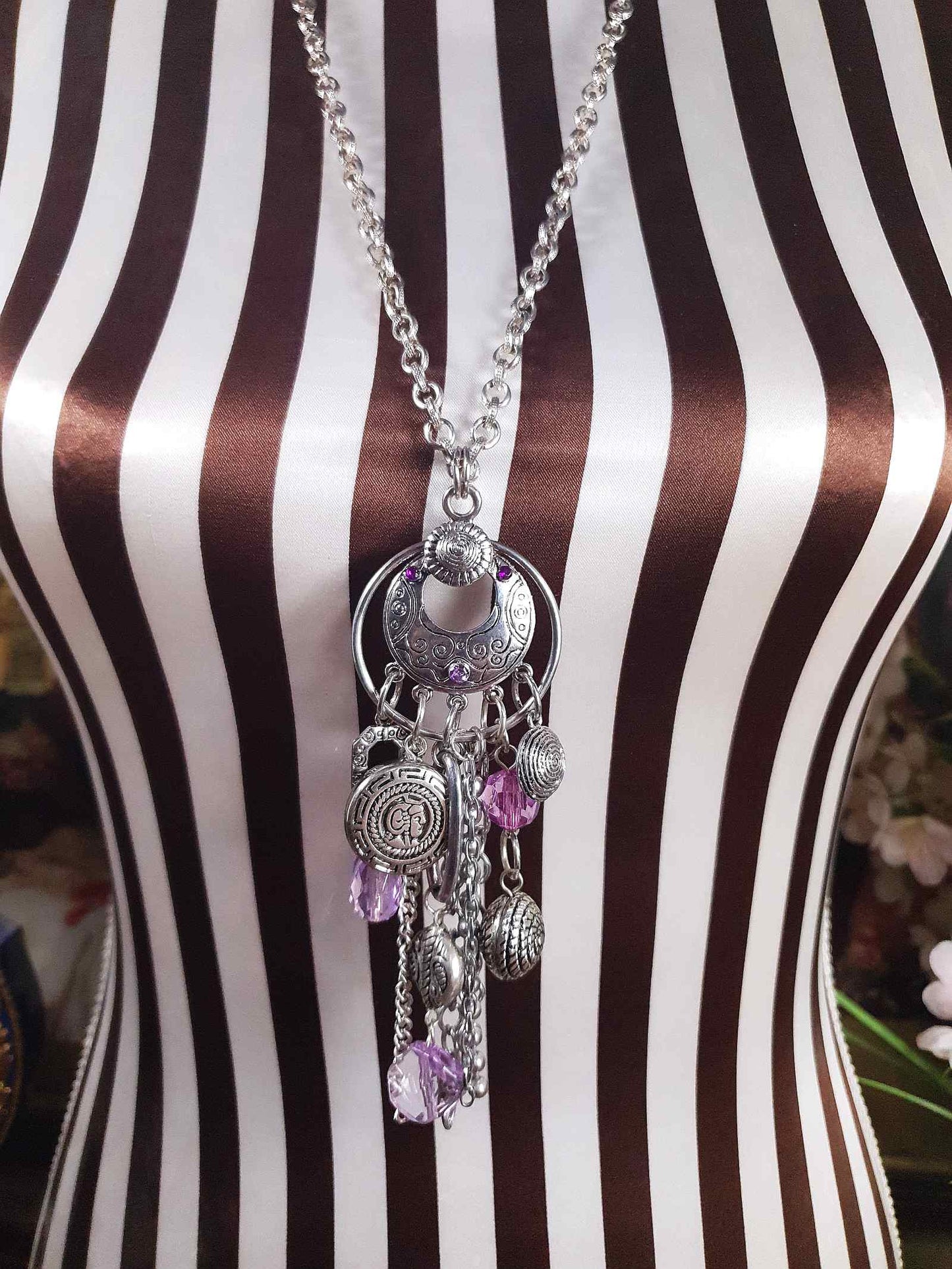 Vintage Boho Charm Pendant Necklace 27" Bohemian Purple