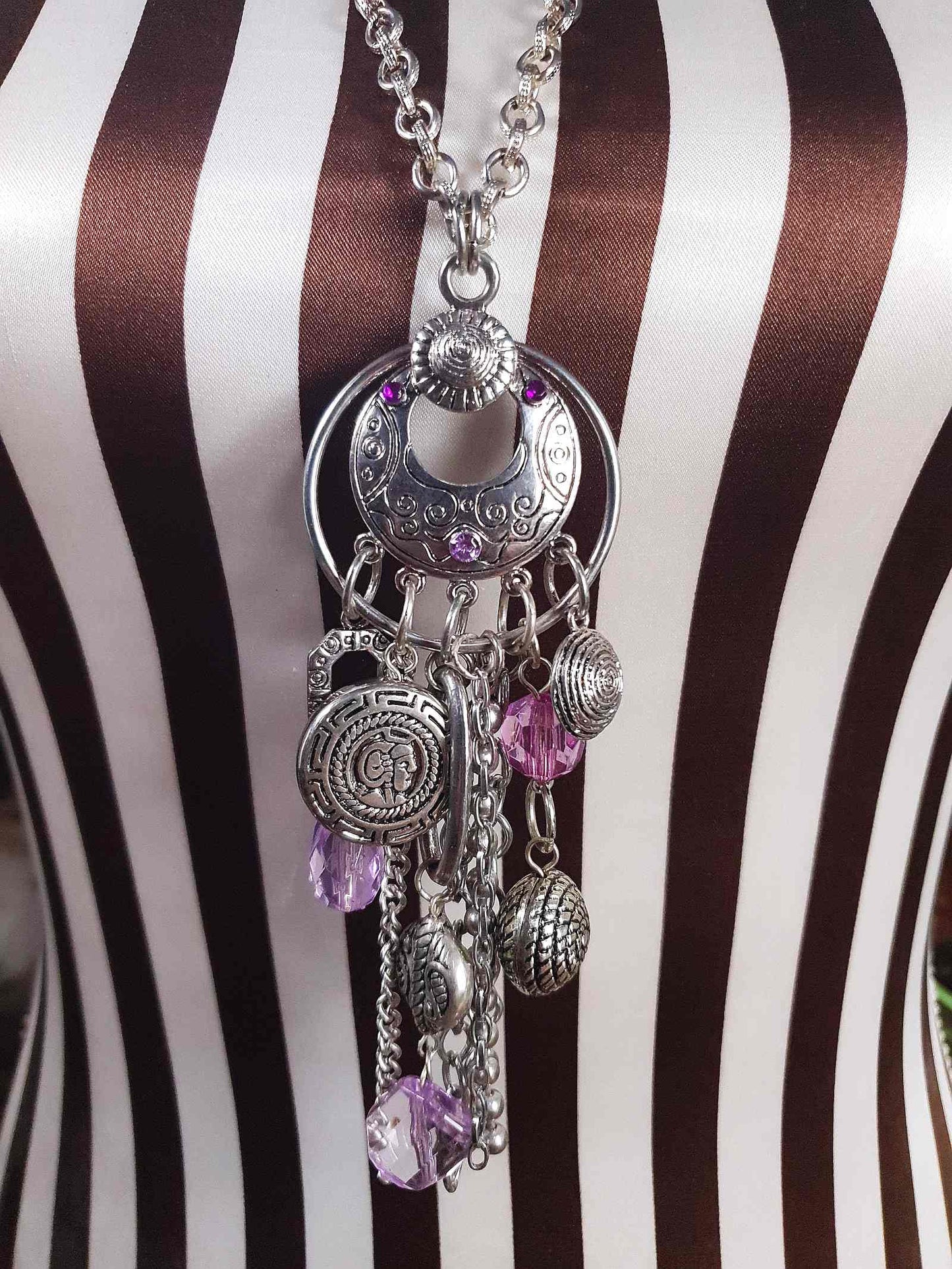 Vintage Boho Charm Pendant Necklace 27" Bohemian Purple