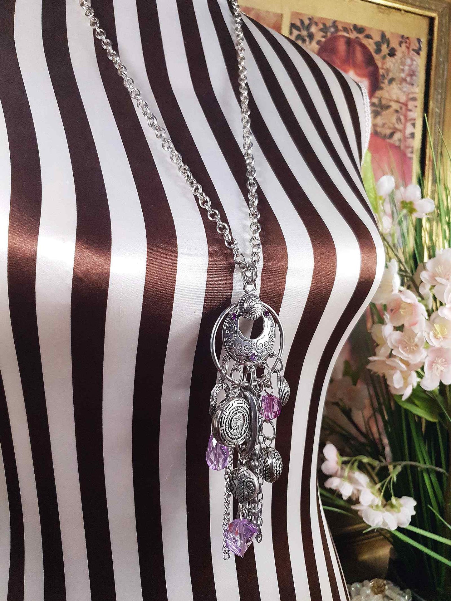 Vintage Boho Charm Pendant Necklace 27" Bohemian Purple