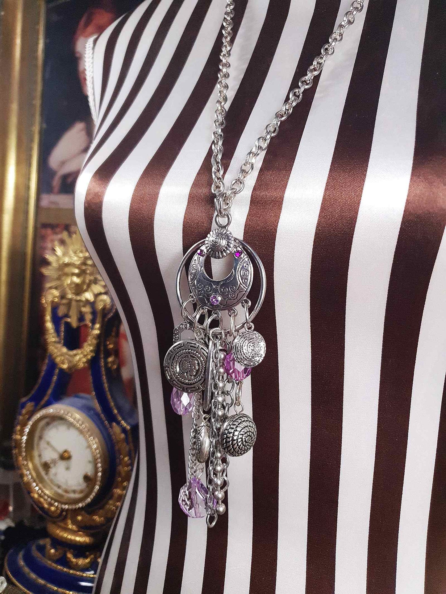 Vintage Boho Charm Pendant Necklace 27" Bohemian Purple