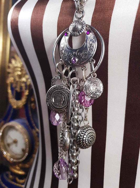 Vintage Boho Charm Pendant Necklace 27" Bohemian Purple