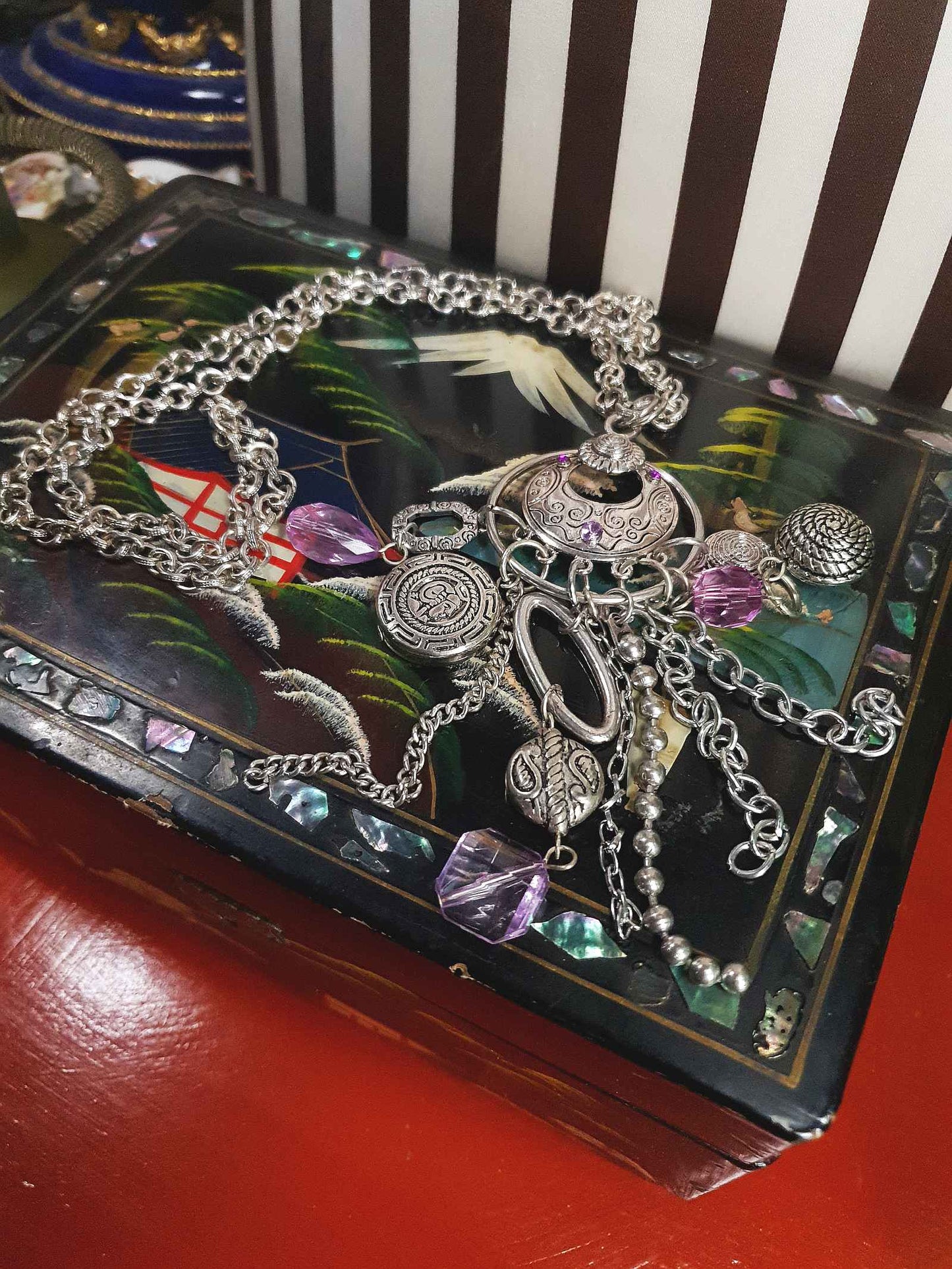 Vintage Boho Charm Pendant Necklace 27" Bohemian Purple