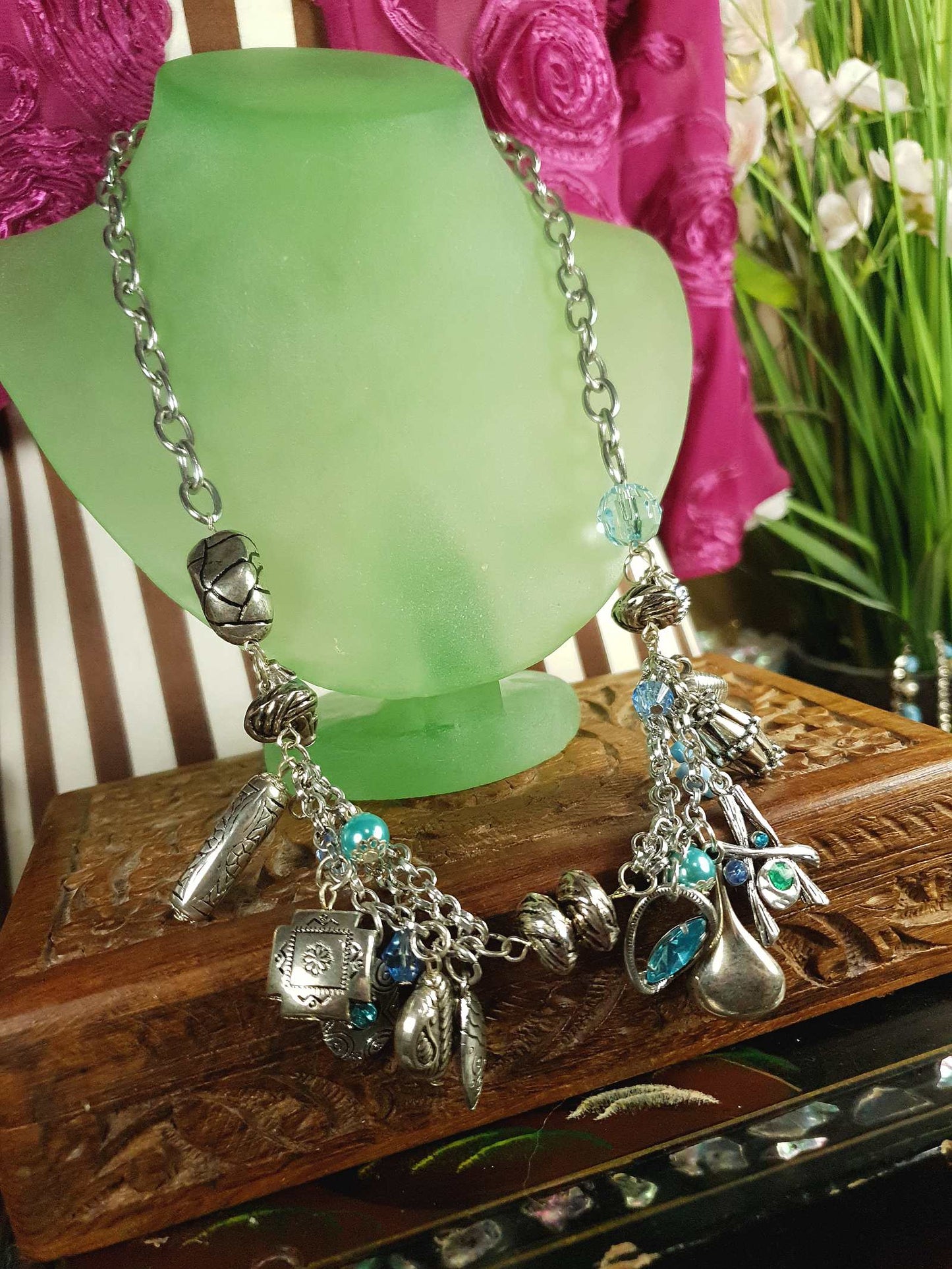 Vintage Boho Charm Statement Necklace Silver-Tone Blue Bohemian Y2K