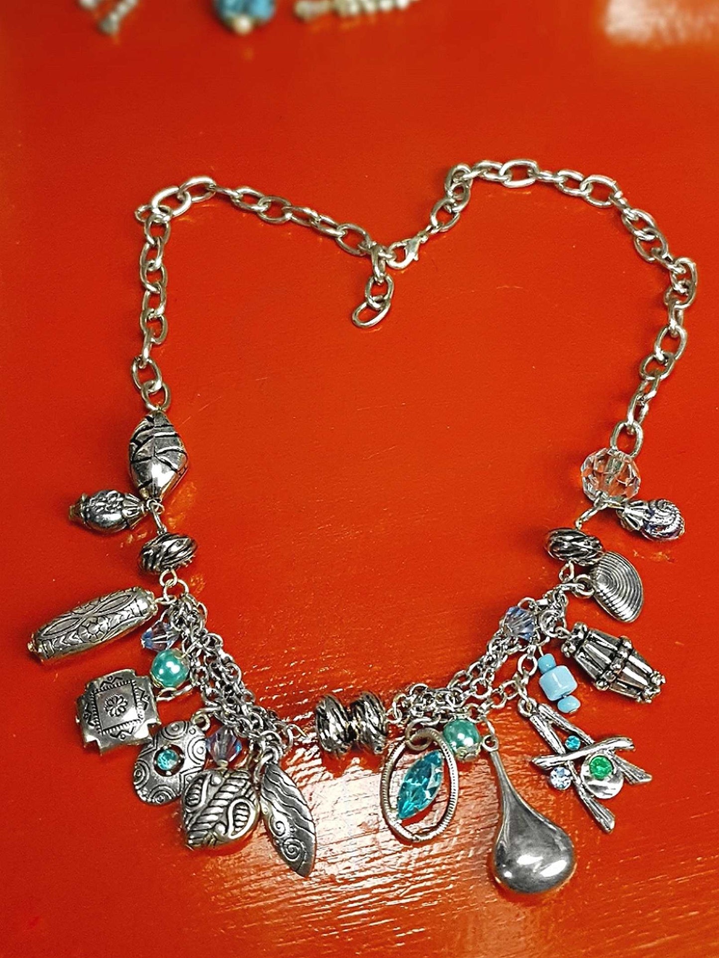 Vintage Boho Charm Statement Necklace Silver-Tone Blue Bohemian Y2K