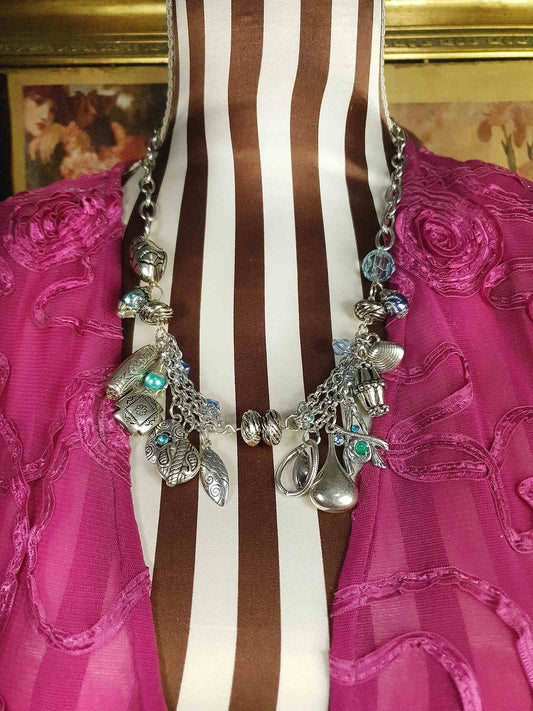 Vintage Boho Charm Statement Necklace Silver-Tone Blue Bohemian Y2K