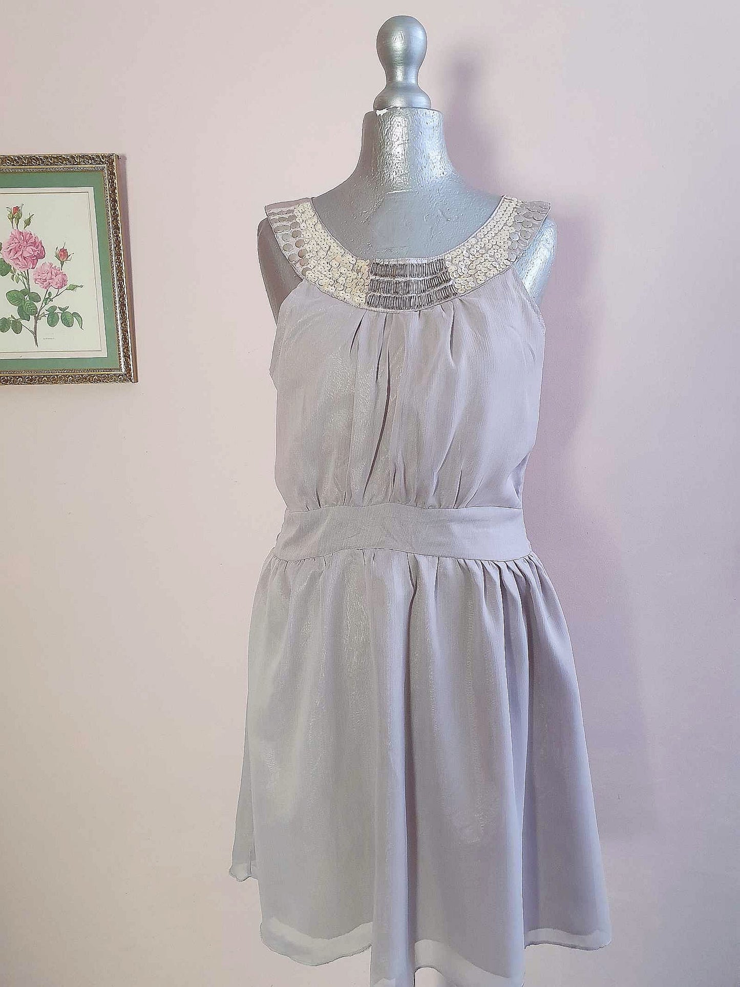 Vintage Grey Party Dress Chiffon Sequin Floaty Evening Cocktail - Size 12