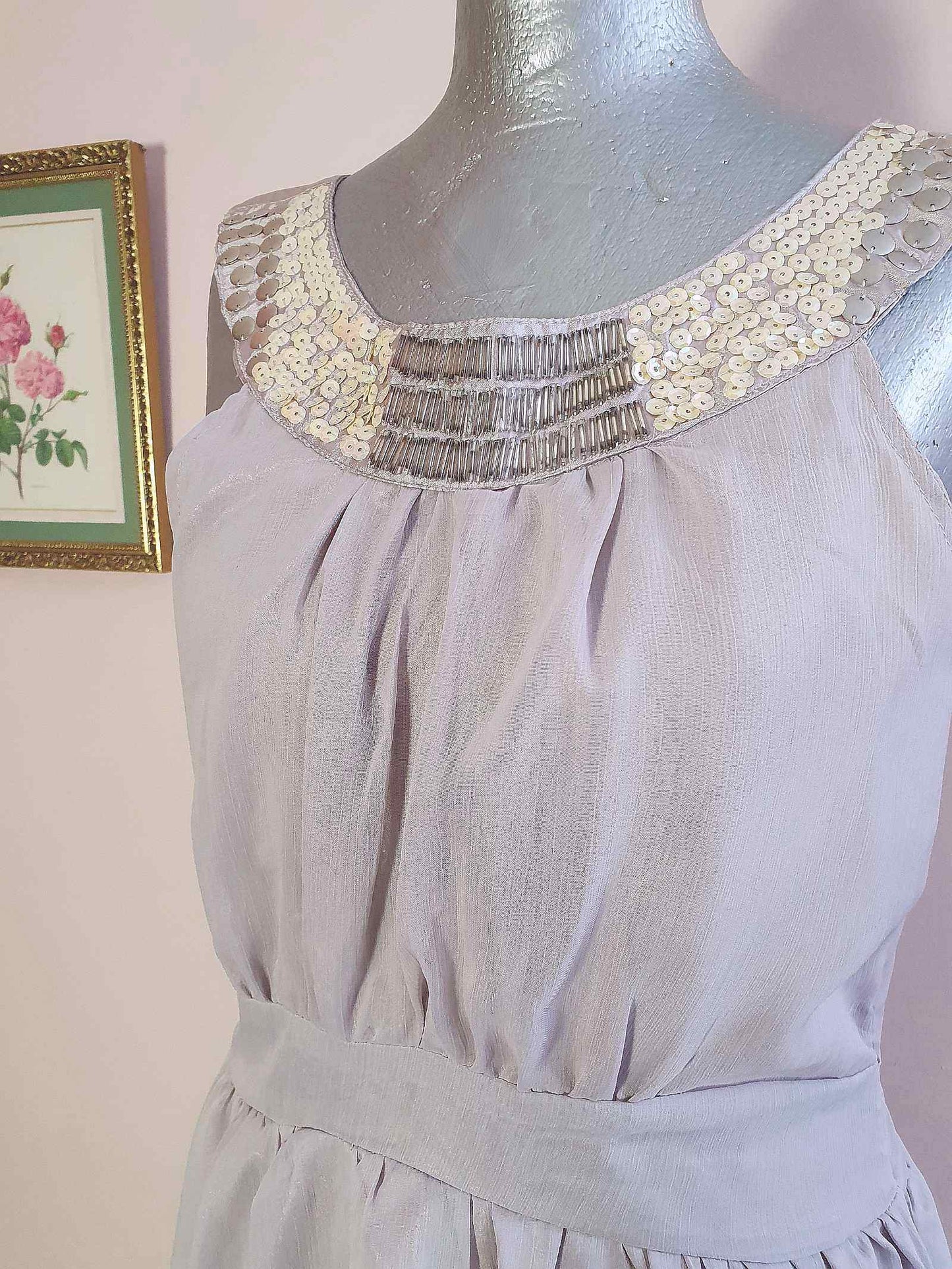 Vintage Grey Party Dress Chiffon Sequin Floaty Evening Cocktail - Size 12
