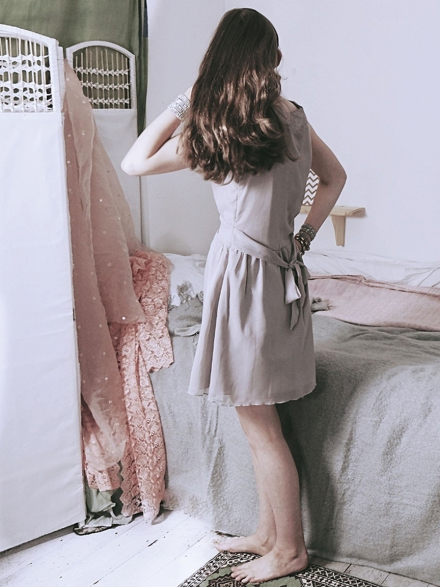 Vintage Grey Party Dress Chiffon Sequin Floaty Evening Cocktail - Size 12