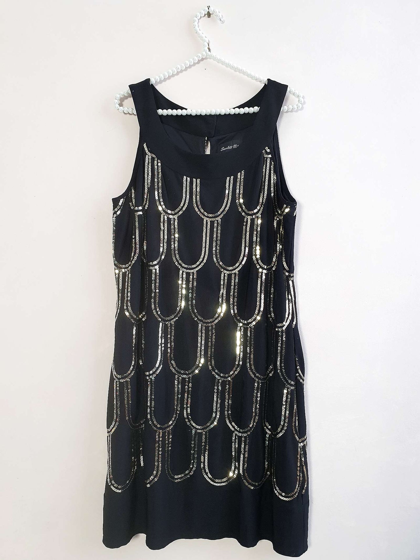 Vintage Black Party Dress Sequin Art Deco Flapper 20s Style - Size 14
